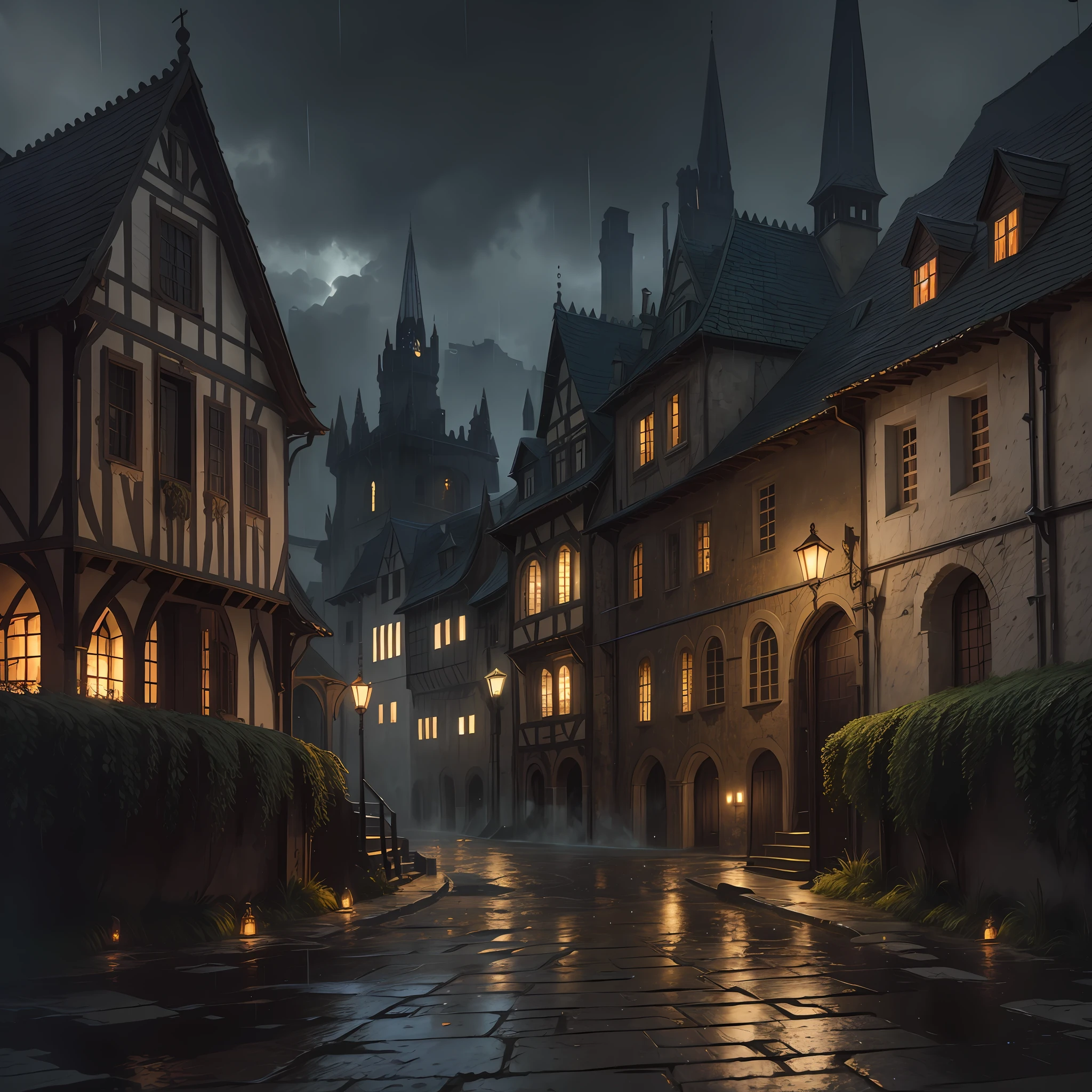 medieval city, dark, battle, epic, war, surrealism, 8k, super detail, war, battle, darkness, rain, night, fight, torches, war, conflict, medieval city, landscape, streets, roads, house, markets