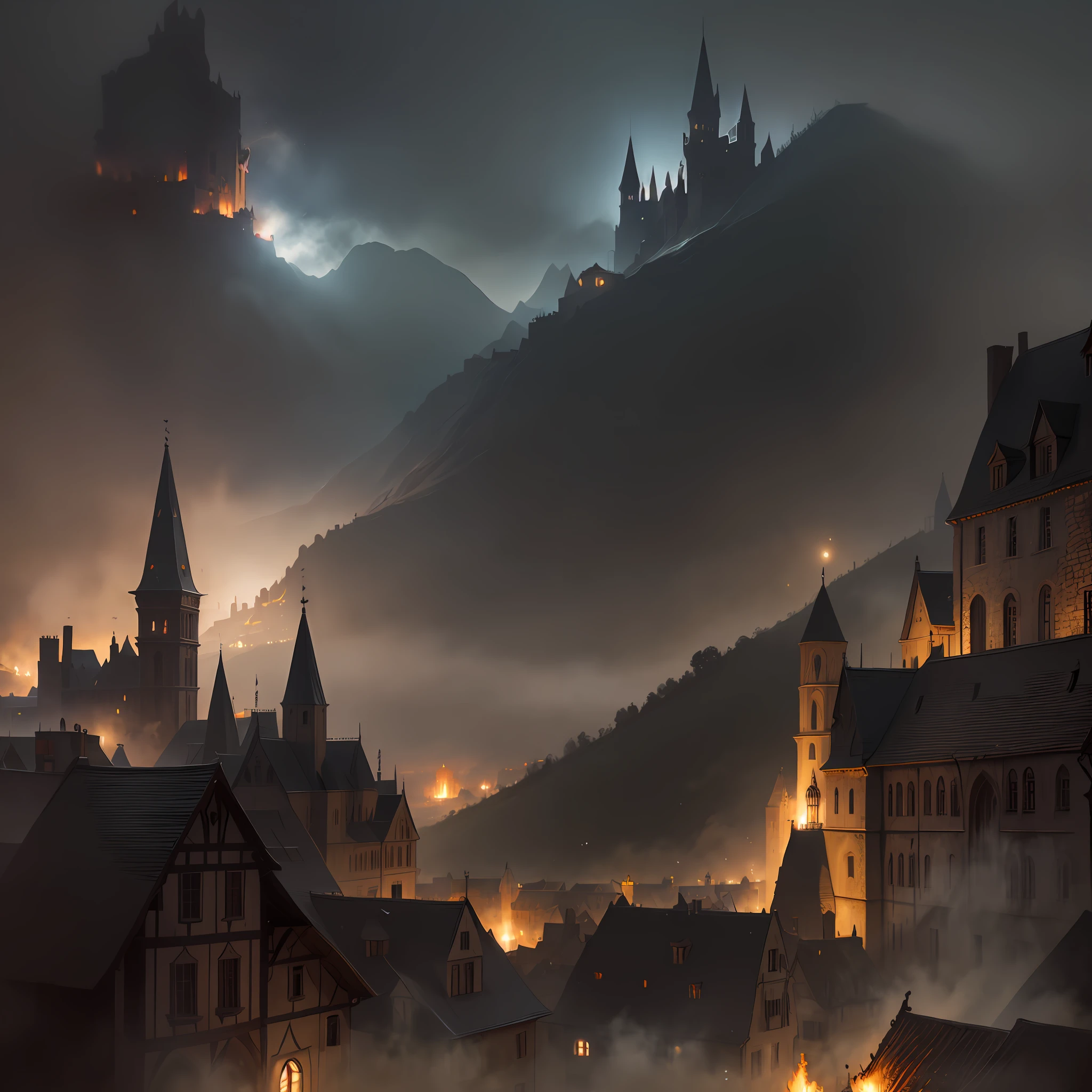 medieval city, dark, battle, epic, war, surrealism, 8k, super detail, war, battle, darkness, rain, night, fight, torches, war, conflict, medieval city, landscape, streets, roads, house, markets