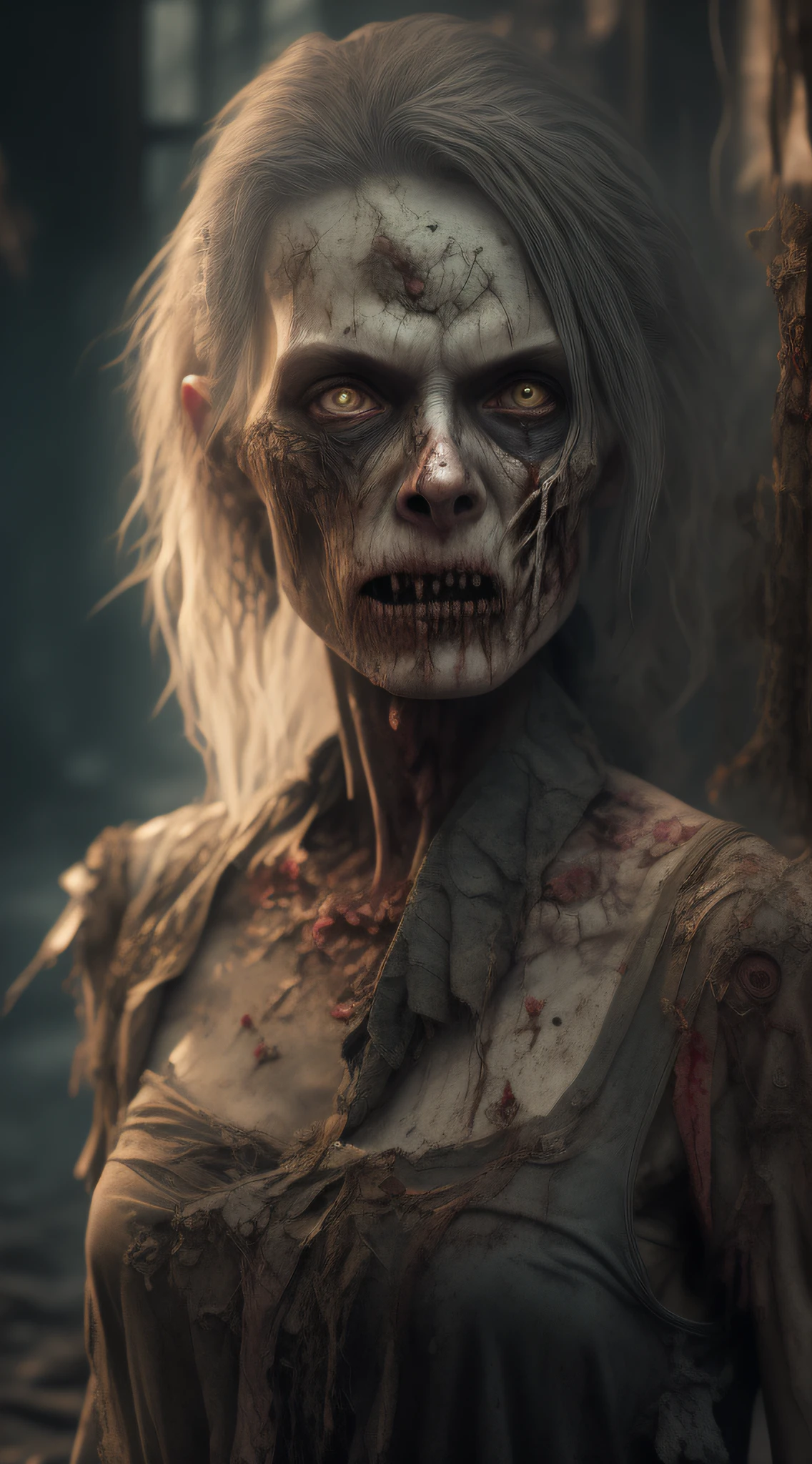 zombie, tattered ruined clothes, dead rotting skin on the face, dirty muddy hair, extremely detailed dried rotting peeling dead skin, malnourished woman, blind, wide angle, detailed environment, detailed background, highly detailed, intricate, detailed skin, natural colors, professionally color graded, photorealism, 8k, moody lighting, art by George Pfau