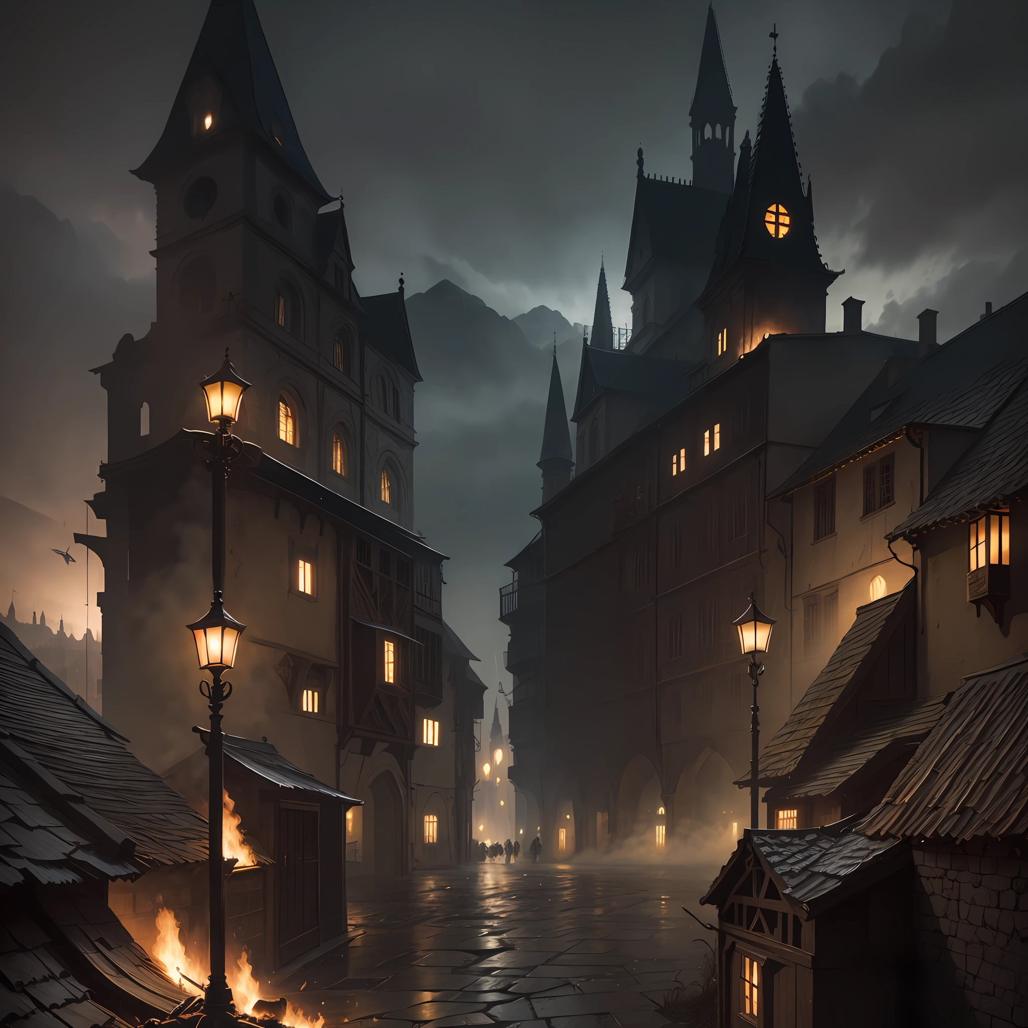 medieval city, dark, battle, epic, war, surrealism, 8k, super detail, war, battle, darkness, rain, night, fight, torches, war, conflict, medieval city, landscape, streets, roads, house, markets