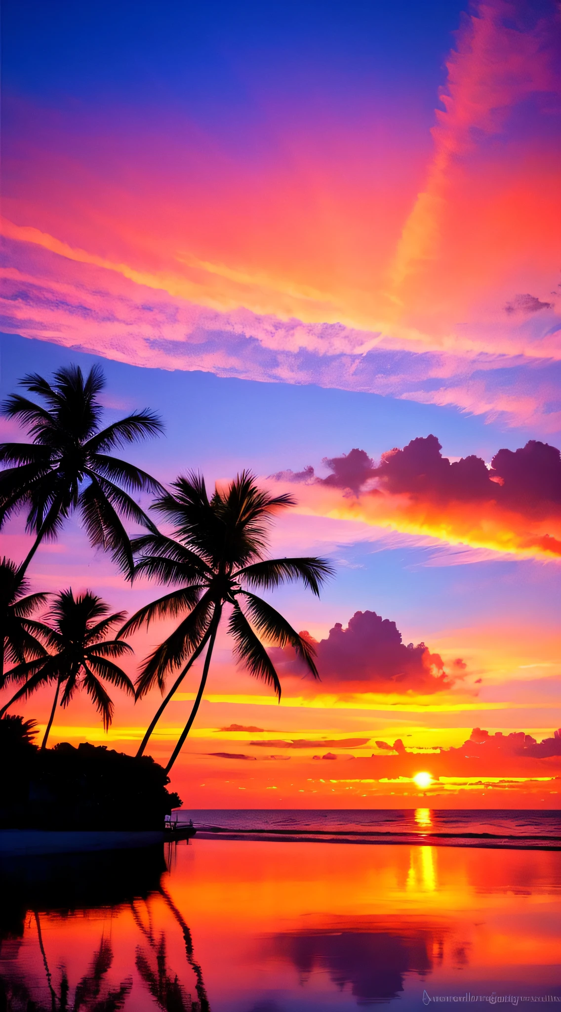 there is a beautiful sunset with a ocean and coconut trees in the background, colorful skies, surreal colors, colorful sunset, colorful sky, marvellous reflection of the sky, stunning sky, dream like atmosphere 8k, colorful clouds, colors reflecting on ocean, surreal sky, red and blue reflections, fire reflection, beautiful sky, beautiful and spectacular dusk, beautiful dreamy landscape, amazing sky