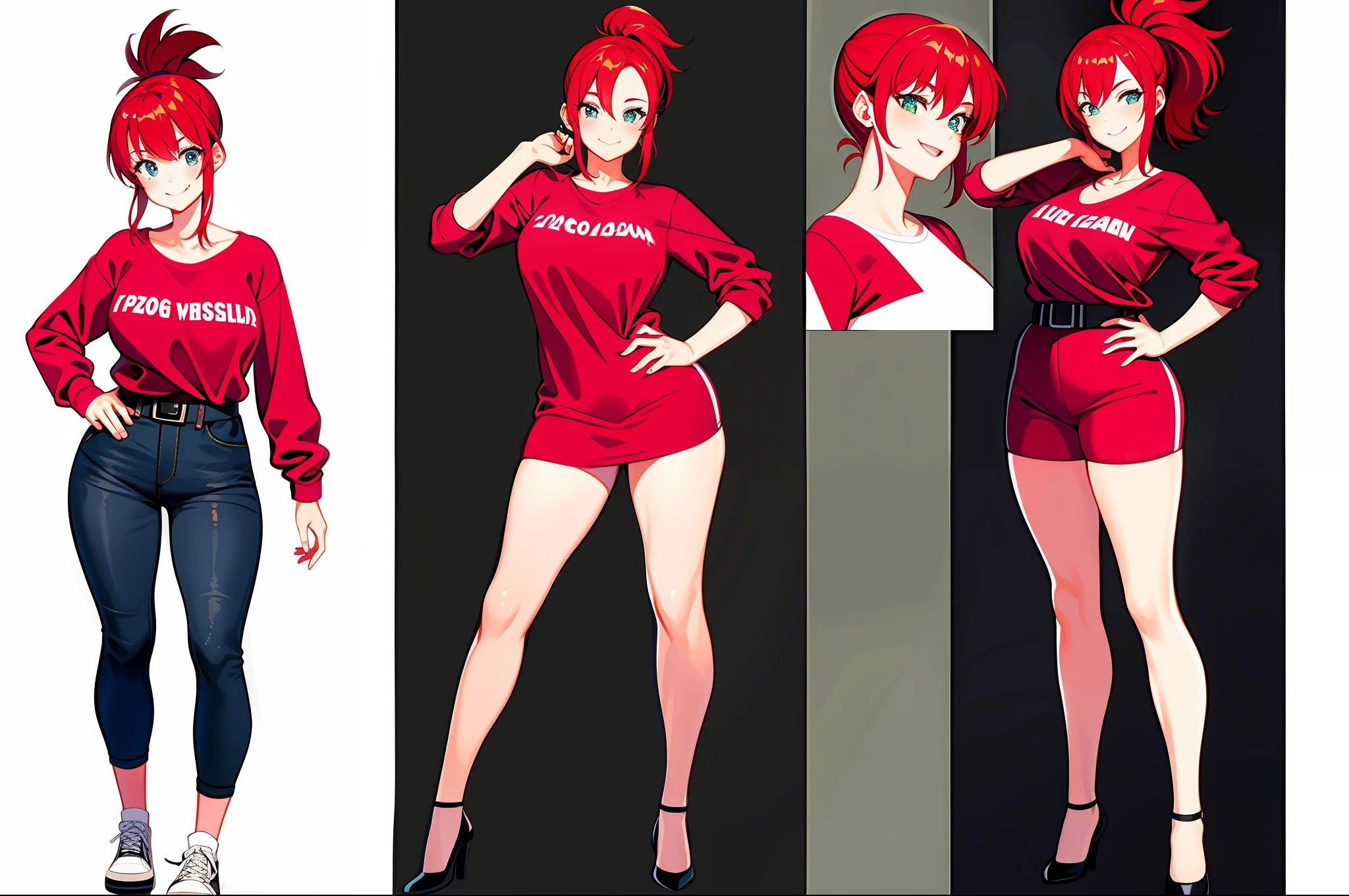 Girl with red hair ponytail tall medium sized breasts casual outfit full body poseing Goofy face