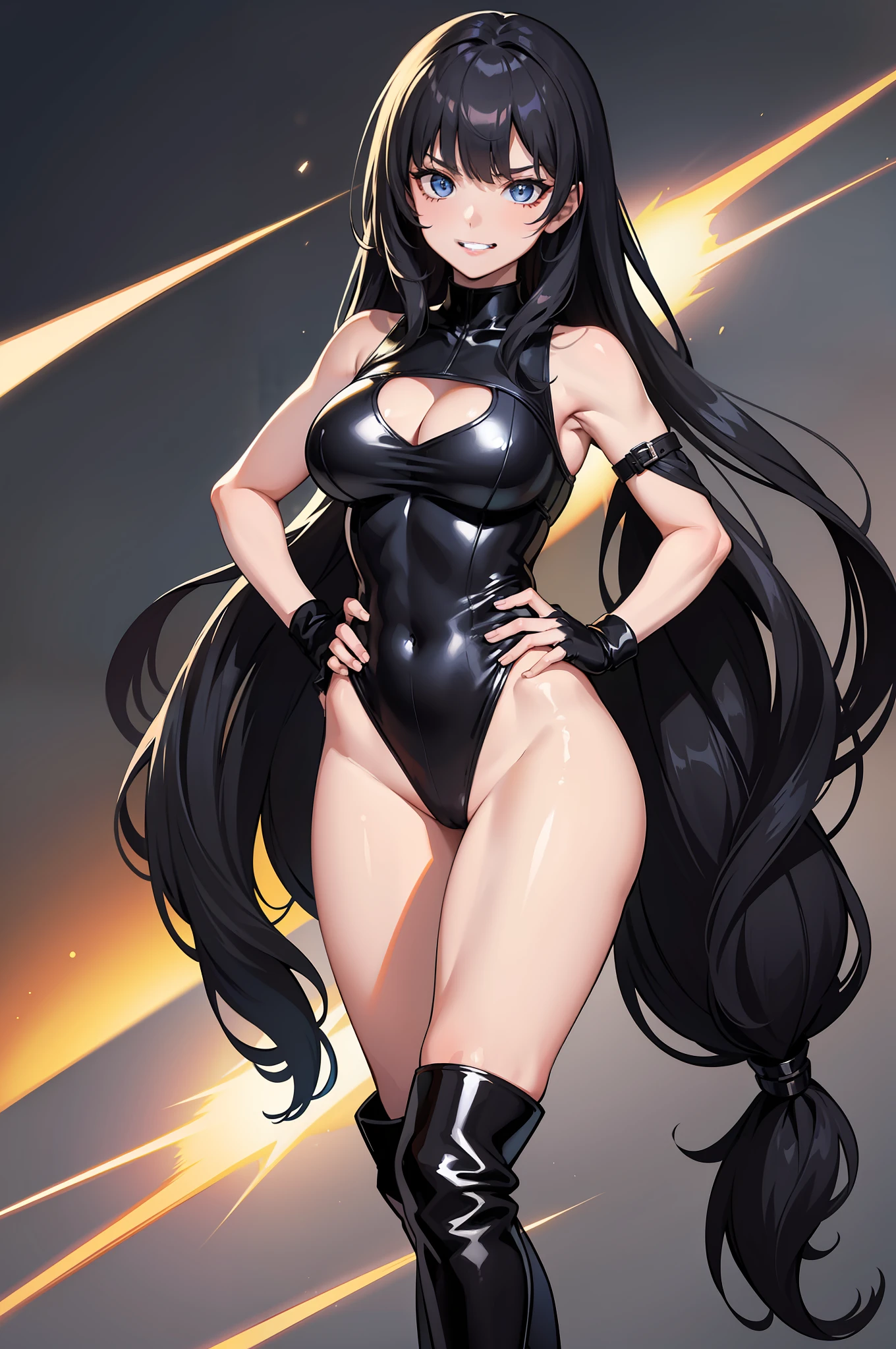 ((masterpiece)), ((best quality)), ((highres)), 1girl, solo, supervillain, leotard, bare legs, matching boots, aura, blue aura, sleeveless, looking at viewer, light particles, city backdrop, perfect hands, perfect eyes, powering up, perfect leotard, perfect legs, perfect arms, perfect fingers, medium breasts, black leotard, standing, black hair, long hair, knee boots, blue eyes, heart cutout, cute face, hair down, sleeveless, black gloves, black footwear, cleavage cutout, hands on hip, evil grin,
