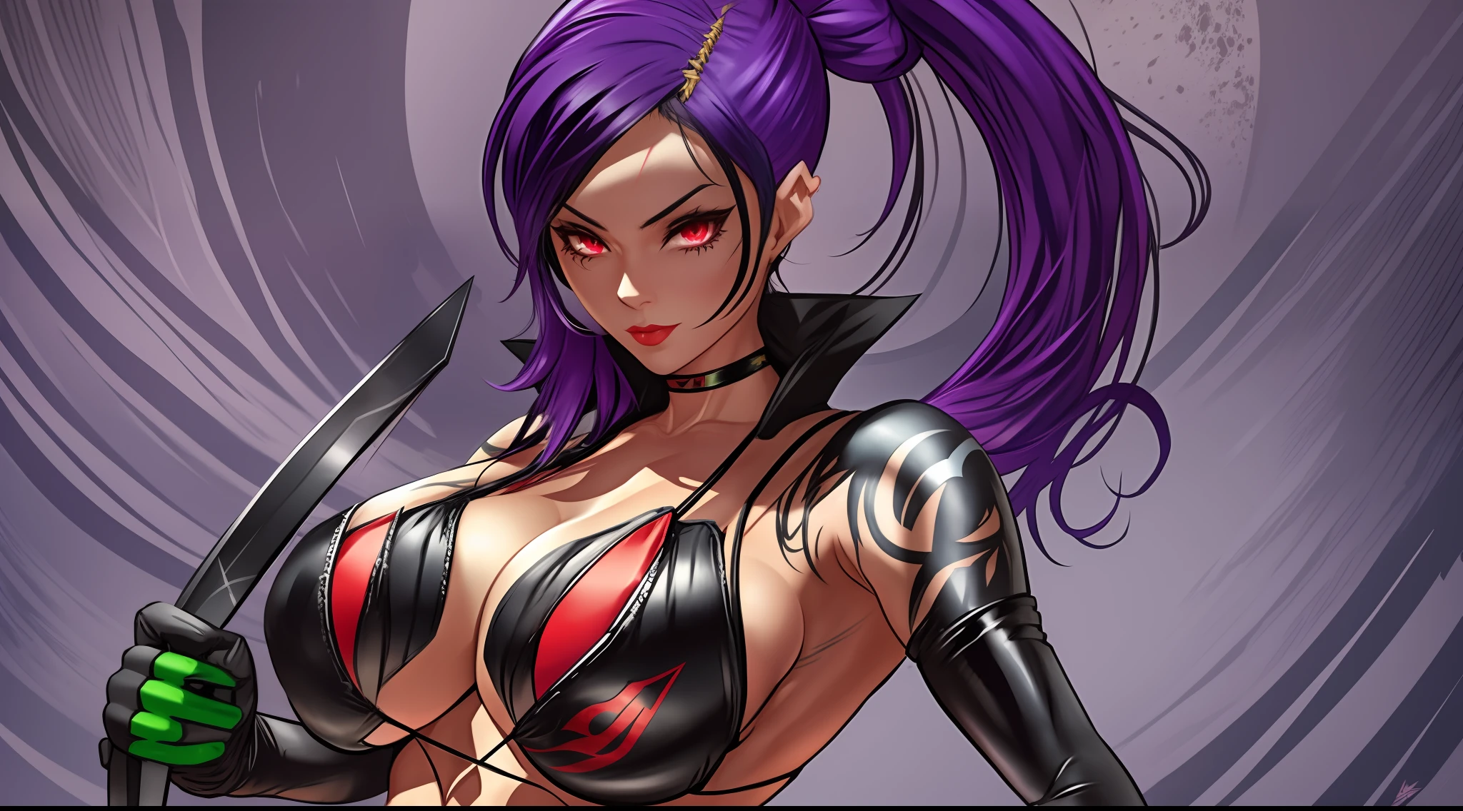 league of legends, akali, ninja, kunai, tattoos, ponytail, green bikini, c string, gloves, no fingers, sleeveless, huge breasts, cleavage, red lipstick, black hair, red eyes, wide hips, thick thighs, muscles, abs, action pose, marvel comic style