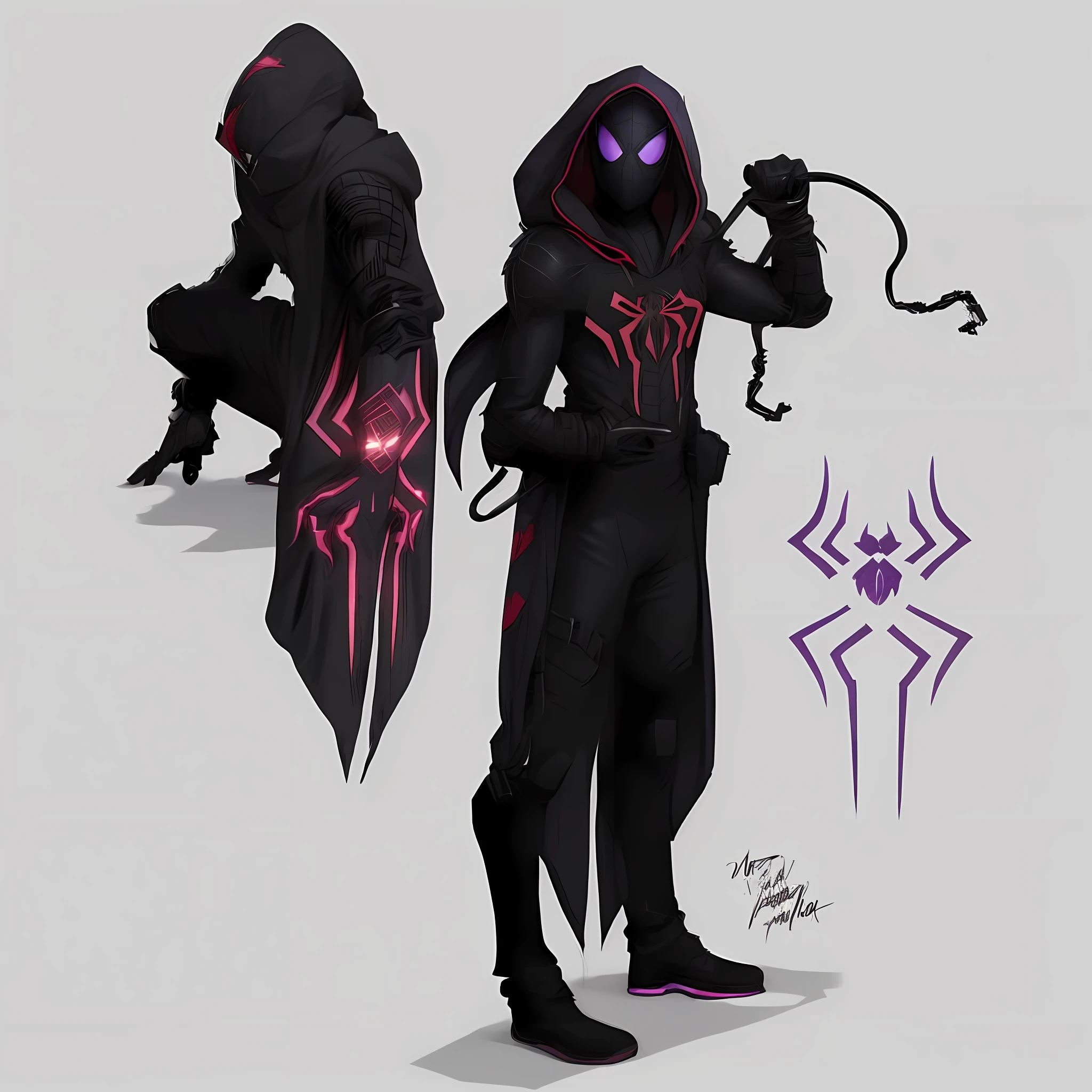 A closeup of two different poses of a person with hood and sword, concept artstyle, video game character concept, full body concept, Miles Morales!!!, character concept design, futuristic Spiderman style, 8K character concept art, 8k character concept art, concept character concept, character design concept, new costume concept design, detailed full body concept,  character concept concept, 4k, realistic, new york city, bright eyes, spider man, vivid colors, night --auto --s2