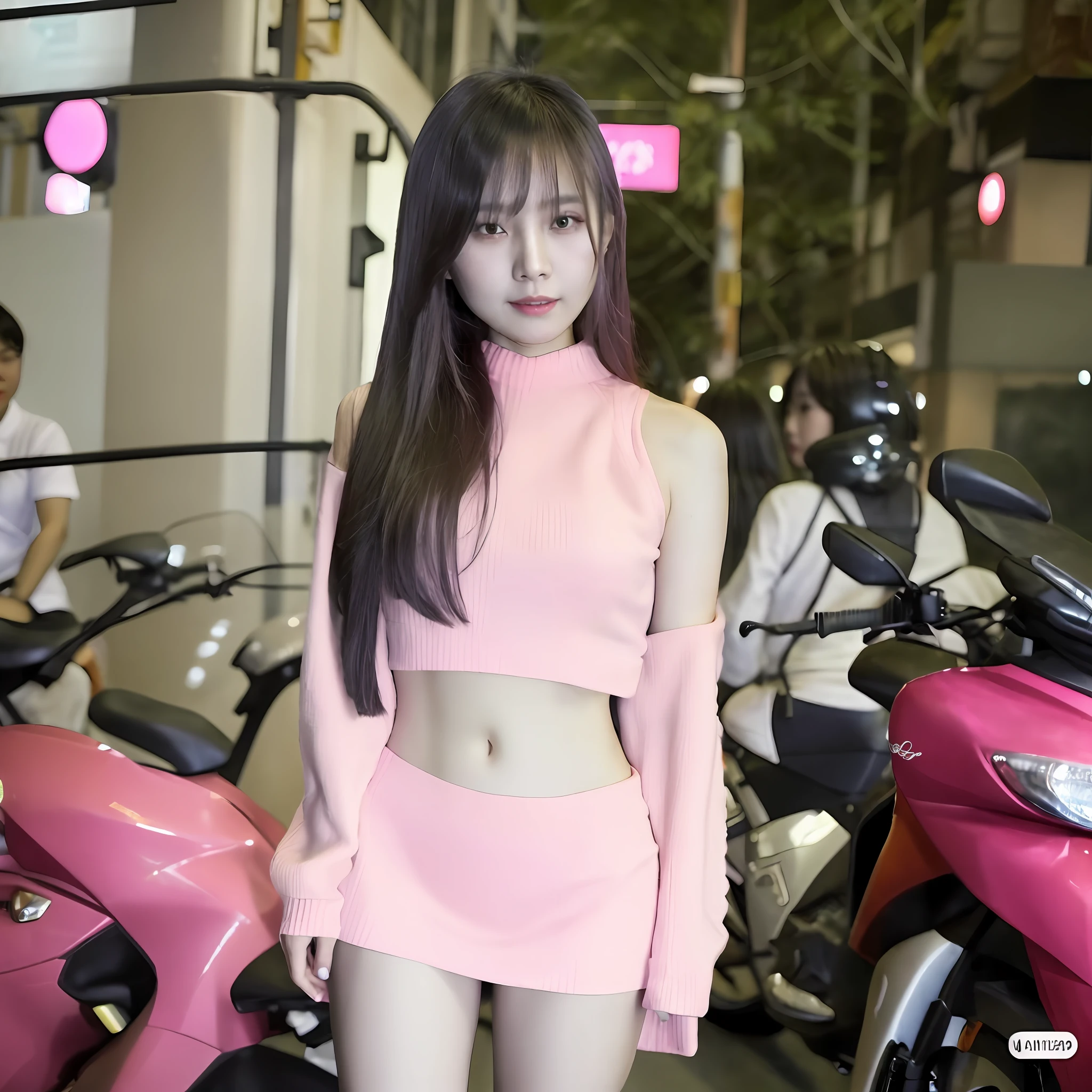 Filipina woman in a tight micro mini skirt posing on a city street, asian girl, beautiful asian girl, pink girl, pink body, young asian girl, korean girl, soft light 4 k in pink, asian women, mai anh tran, at night time, pink, japanese model, at night, asian woman, chinese girl, pale pink bikini, casual pose