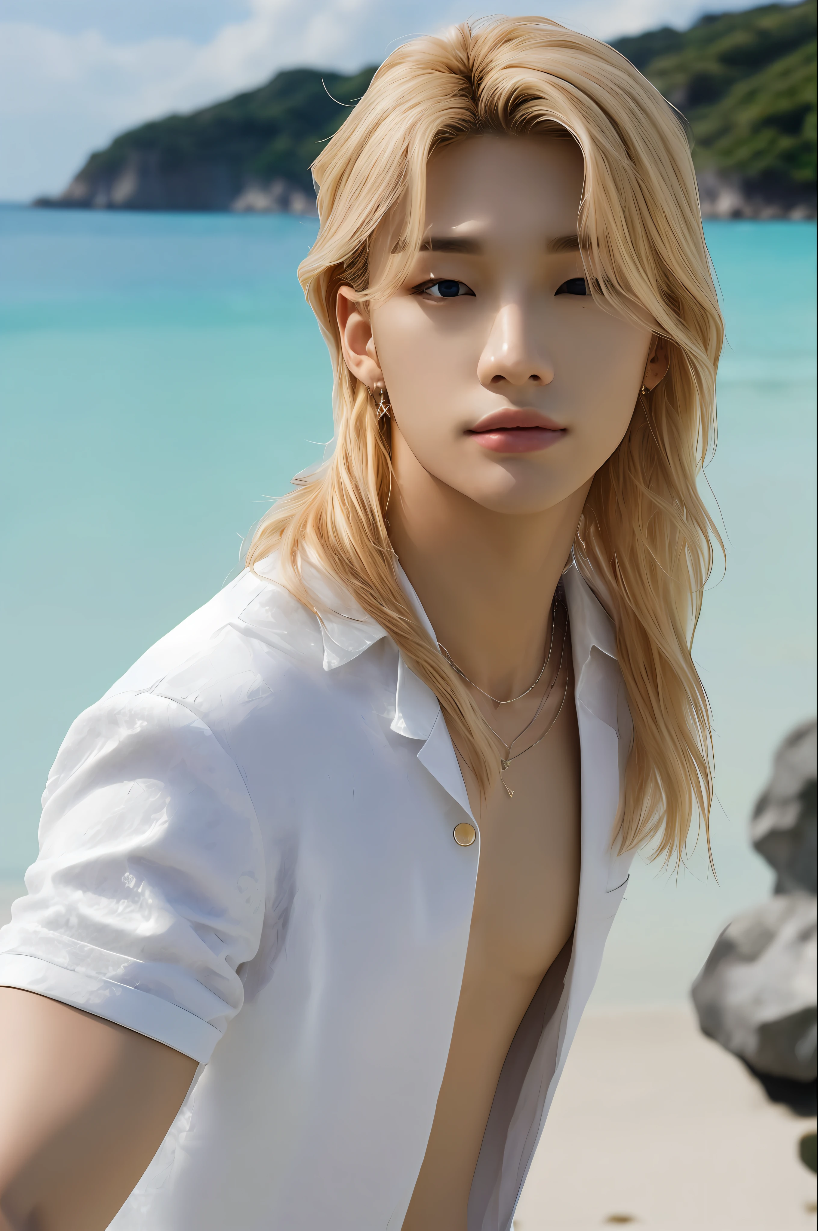 Hyunstayv2, frontal, shimmering, split lips, (slightly long hair, blond:1.2), (ultra realistic:1.2), (shoulders and chest: 1.2), (close-up photo:1.1), (intricate:1.2), (beach background:1.2), (looking at the viewer:1.2).