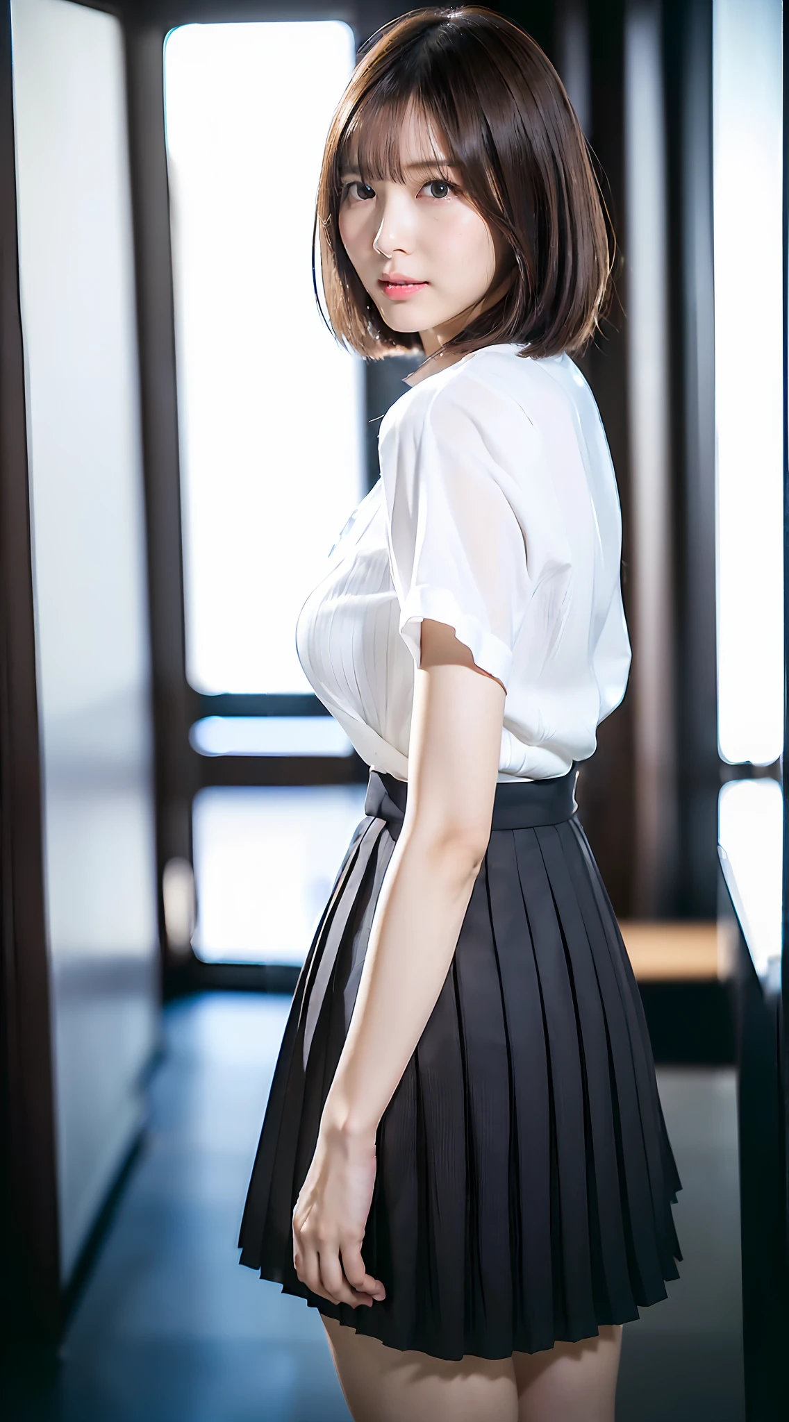 ((((((Mai Shiraishi, white shirt, black pleats skirt, cowboy shot, back shot, back view, looking ahead, dark brown very short hair, gigantic breasts, arms behind back, standing))))))(((((masterpiece, best quality, highly detailed, absurdres, RAW photo, ultra high resolution)))), highly detailed face and skin texture, detailed eyes, clear focus, an asian young and beautiful girl, white skin, real human skin, oval face, pores, gentle and goddess-like eyes, lip gloss, eyelashes, gloss face, Wide range of lighting, Natural shading, Small waist, slender body, slight smile, clear features, Beautiful face, Double eyelids, sagging eyes, night cityscape