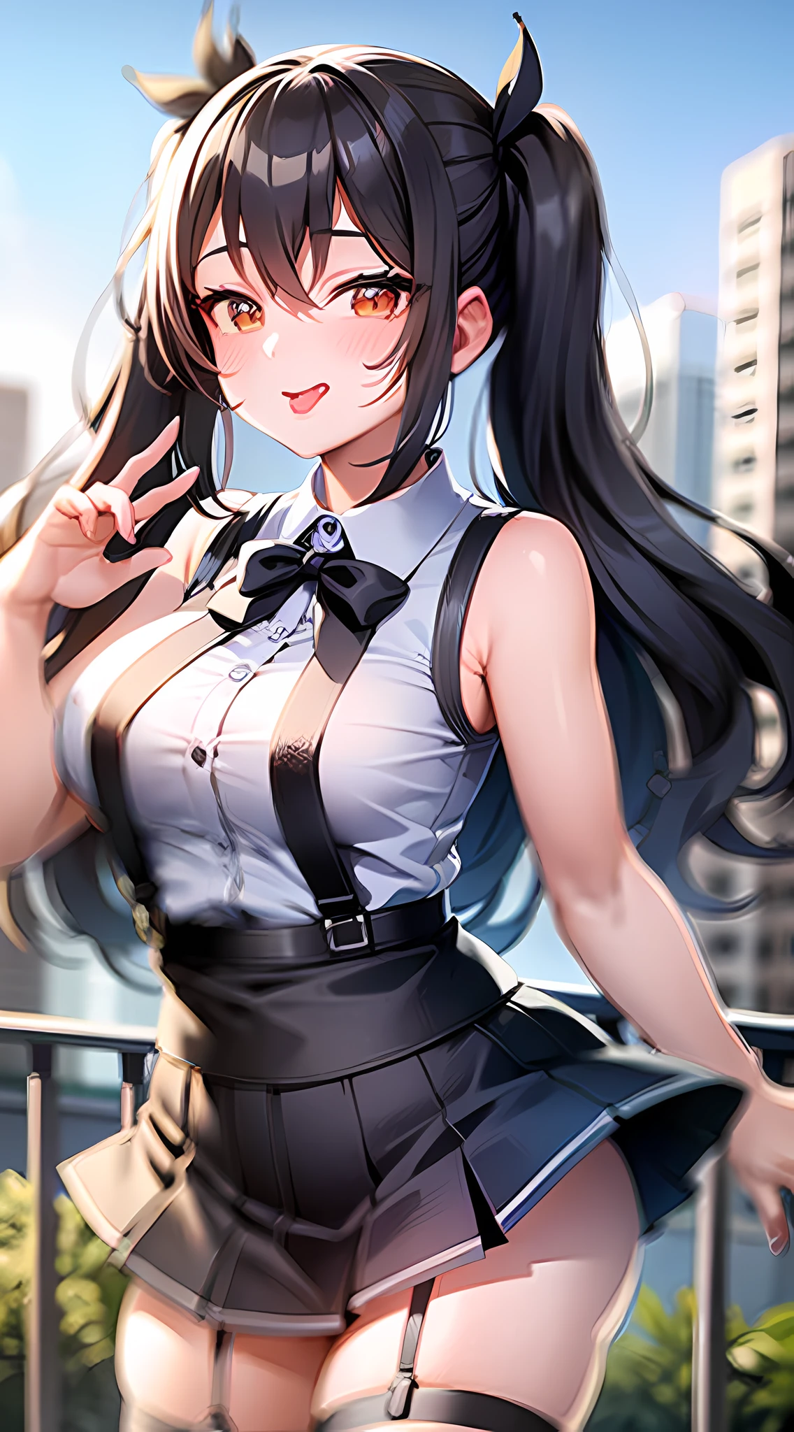 masterpiece, highres, best quality, 1 girl, energetic, playful, (panty visible:1.2), long black hair, pigtails, winking, tongue out, short skirt, striped panties, white blouse, suspenders, thigh highs, sneakers, running, outdoors, park, cityscape, sunny, blue sky, blurred background, lens flare, bokeh,
