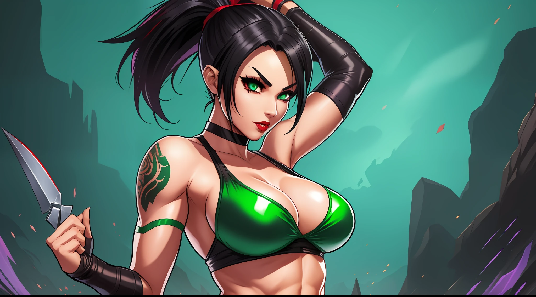 league of legends, akali, ninja, kunai, tattoos, ponytail, green bikini, c string, gloves, sleeveless, huge breasts, cleavage, red lipstick, black hair, red eyes, wide hips, thick thighs, muscles, abs, action pose, marvel comic style