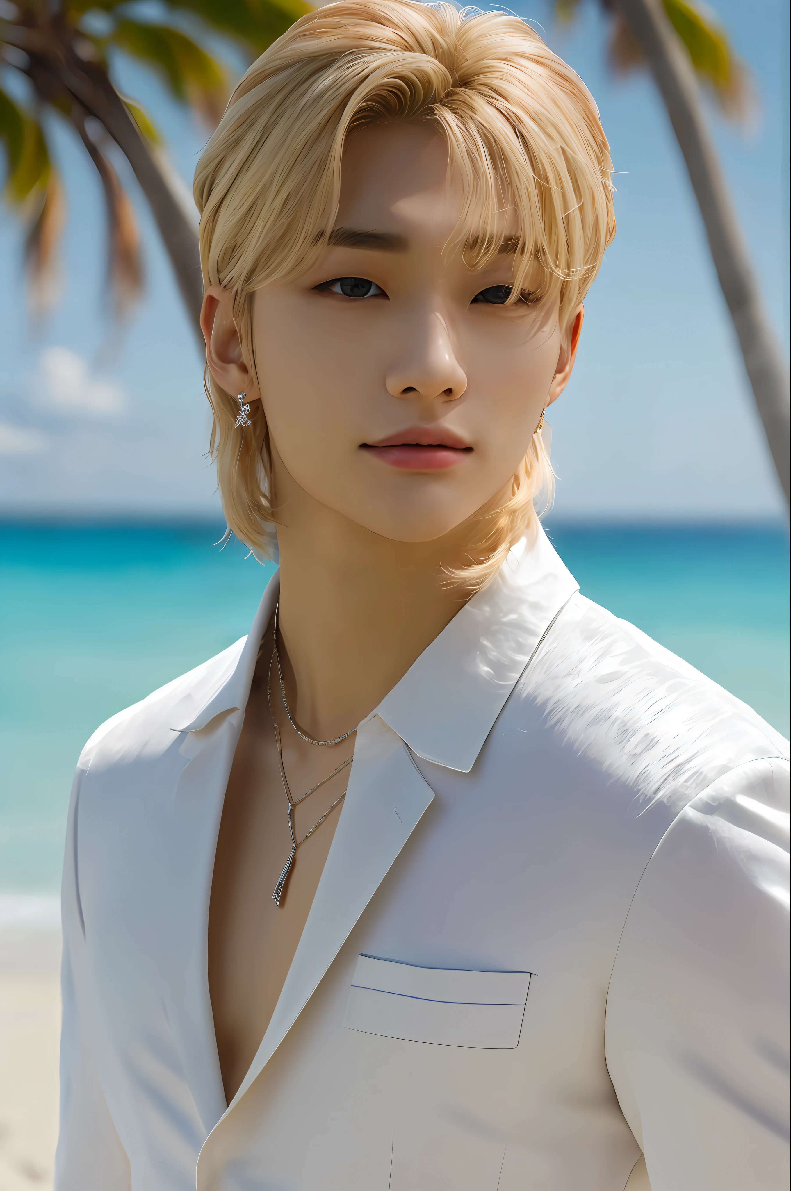 Hyunstayv2, frontal, shimmering, split lips, (long blonde hair:1.2), (ultra realistic:1.2), (shoulders and chest: 1.2), (close-up photo:1.1), (intricate:1.2), (beach background:1.2), (looking at the viewer:1.2).