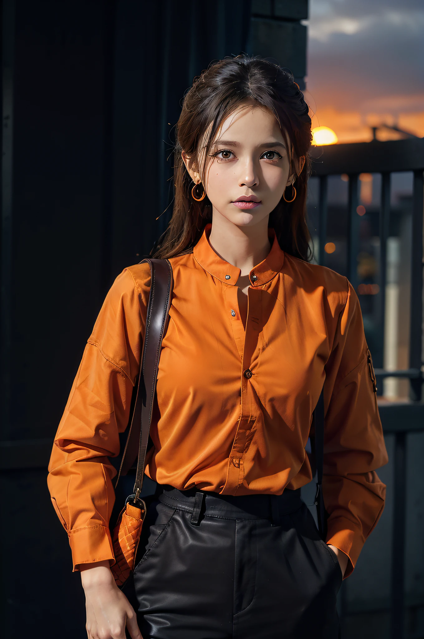 orange_background, 1girl, jewelry,carrying a stylish bag , earrings, orange_sky, orange_theme, solo, mole, long_hair, mole_under_eye, upper_body, grey_eyes, looking_at_viewer, sunset,white hair,(orange shirt:1.4), Fashion,
