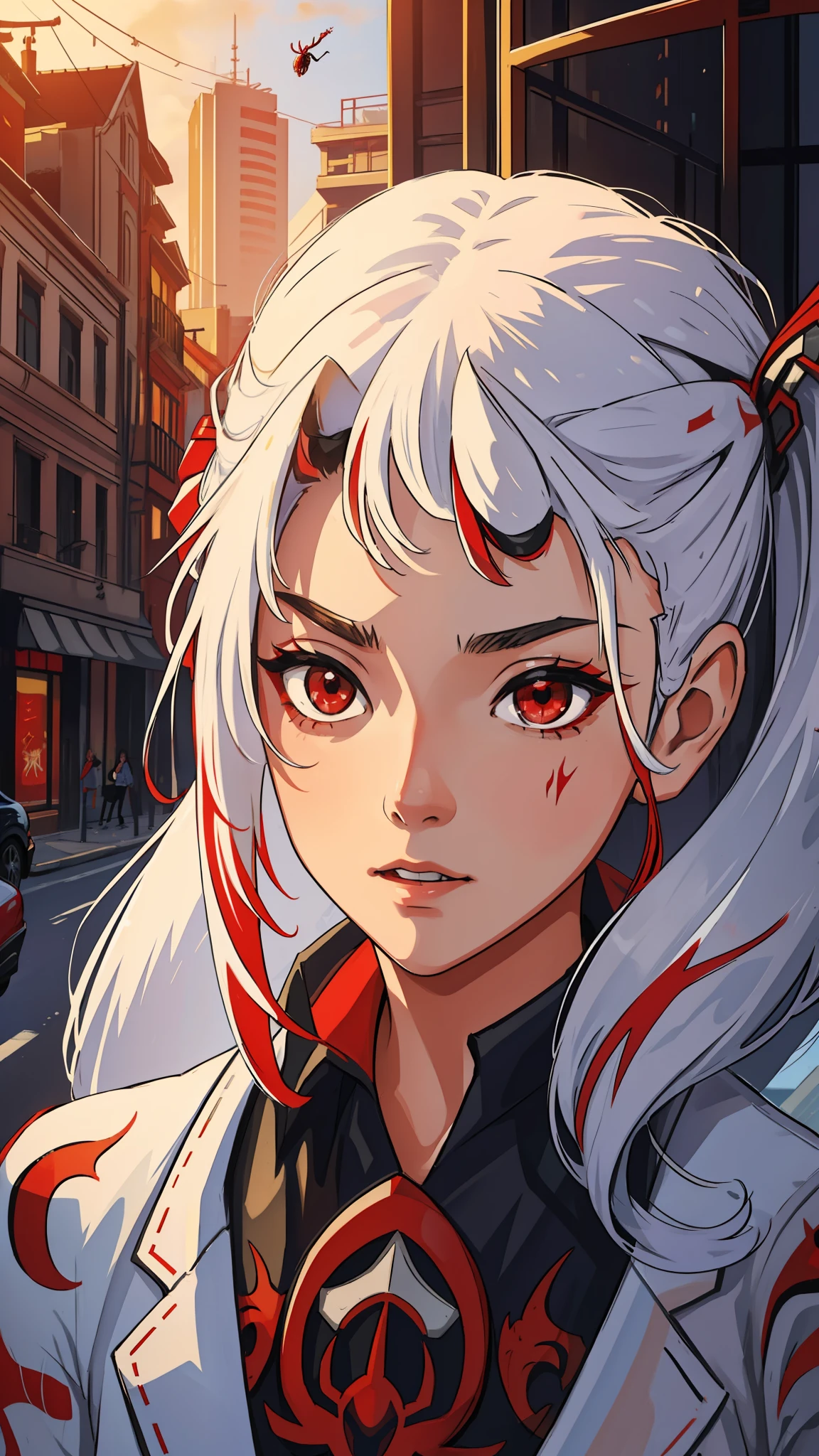 (masterpiece, best quality), intricate details, 8k, artstation, wallpaper, official art, splash art, sharp focus,
1girl, Nakiri Ayame, long hair, twintails, red eyes, white hair,
spider suit, spider web print, spider web,
skyscrappers, city, buildings, cars, street,