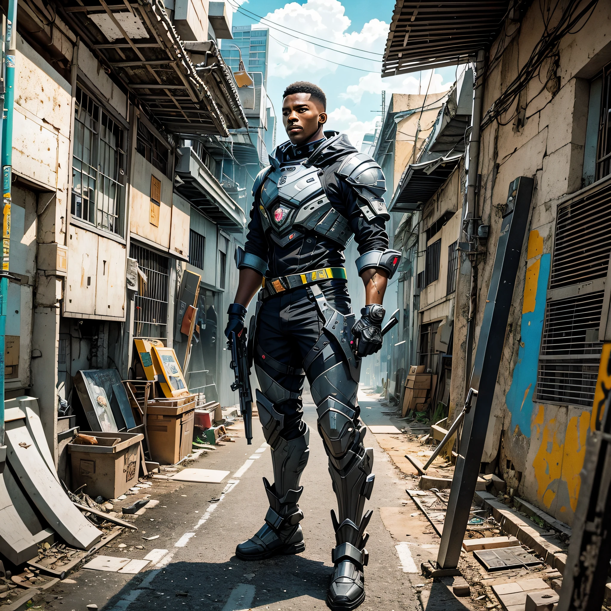 Create a black man in a futuristic Brazilian community with some weapons --auto --s2