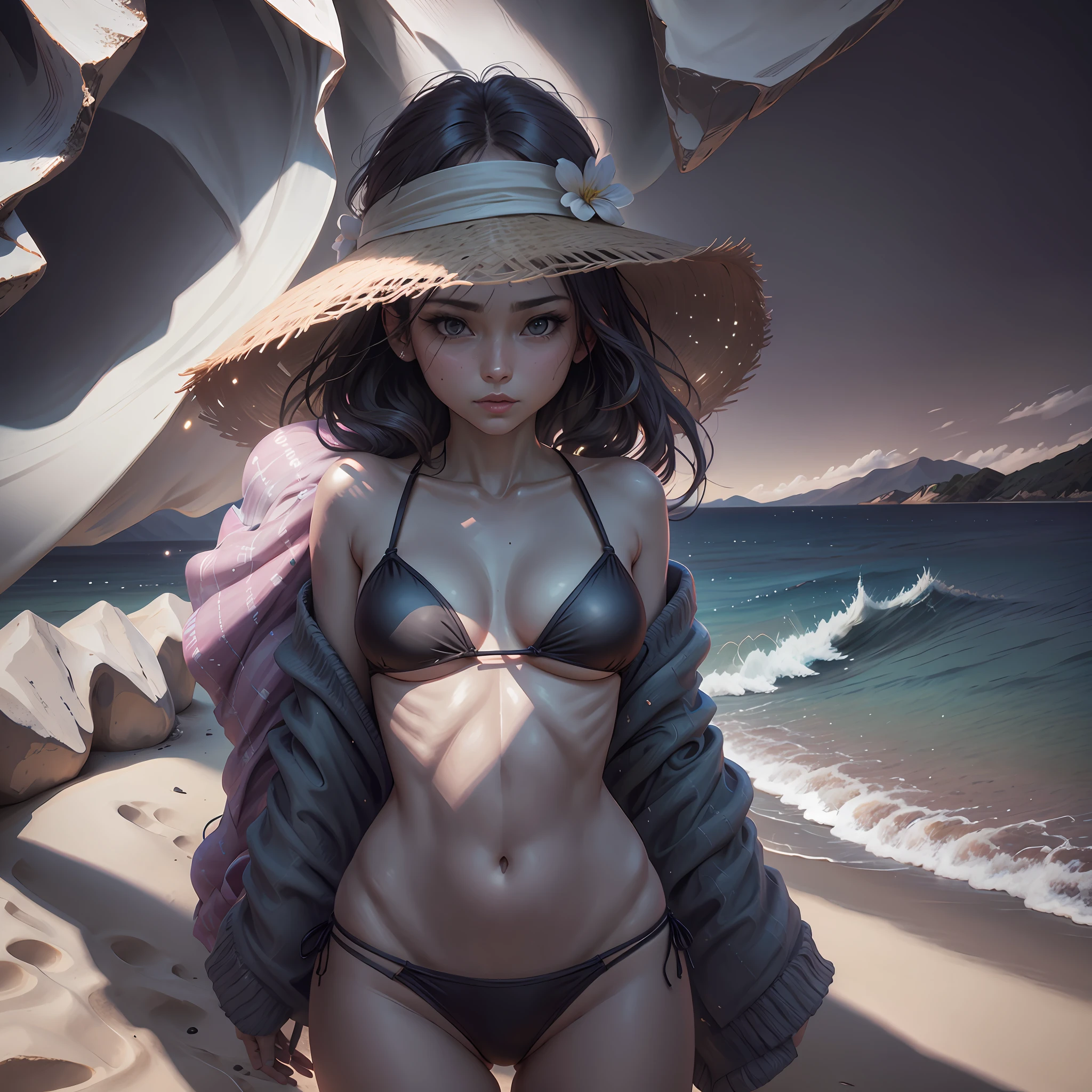 "A woman wearing a bikini on the beach with sharp shadows and gentle changes in tone --s1."