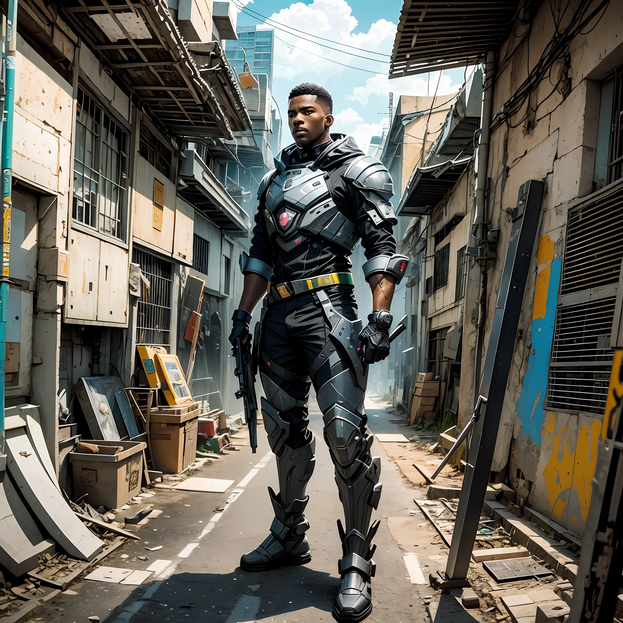 Create a black man in a futuristic Brazilian community with some weapons --auto --s2