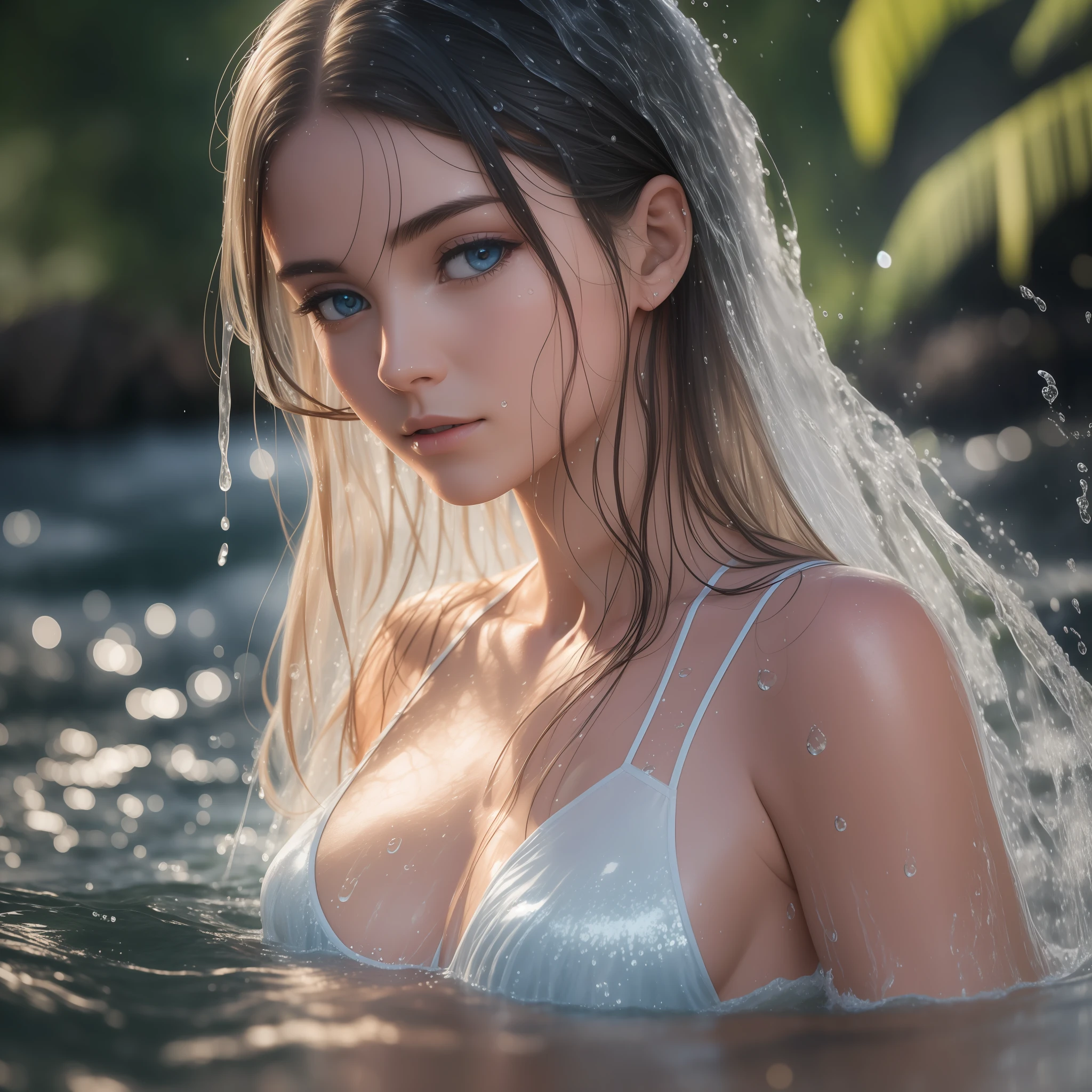 Symmetrical, High Detail RAW Color Photo Professional Close-Up Photo, [:( High Detail Face: 1.2): 0.1], Double tail, half body, pores, real skin, breast focus, straight up, an 25 year old woman under a waterfall, body in contact with water and ripples around, clear clean water, shining eyes, looking at the audience, wet clothes, transparent clothes, wet body, wet hair, Tyndall effect, lens flare, shadow,bloom, natural lighting, hard focus, film grain, photographed with a Sony a9 II Mirrorless Camera, by Laurence Demaison