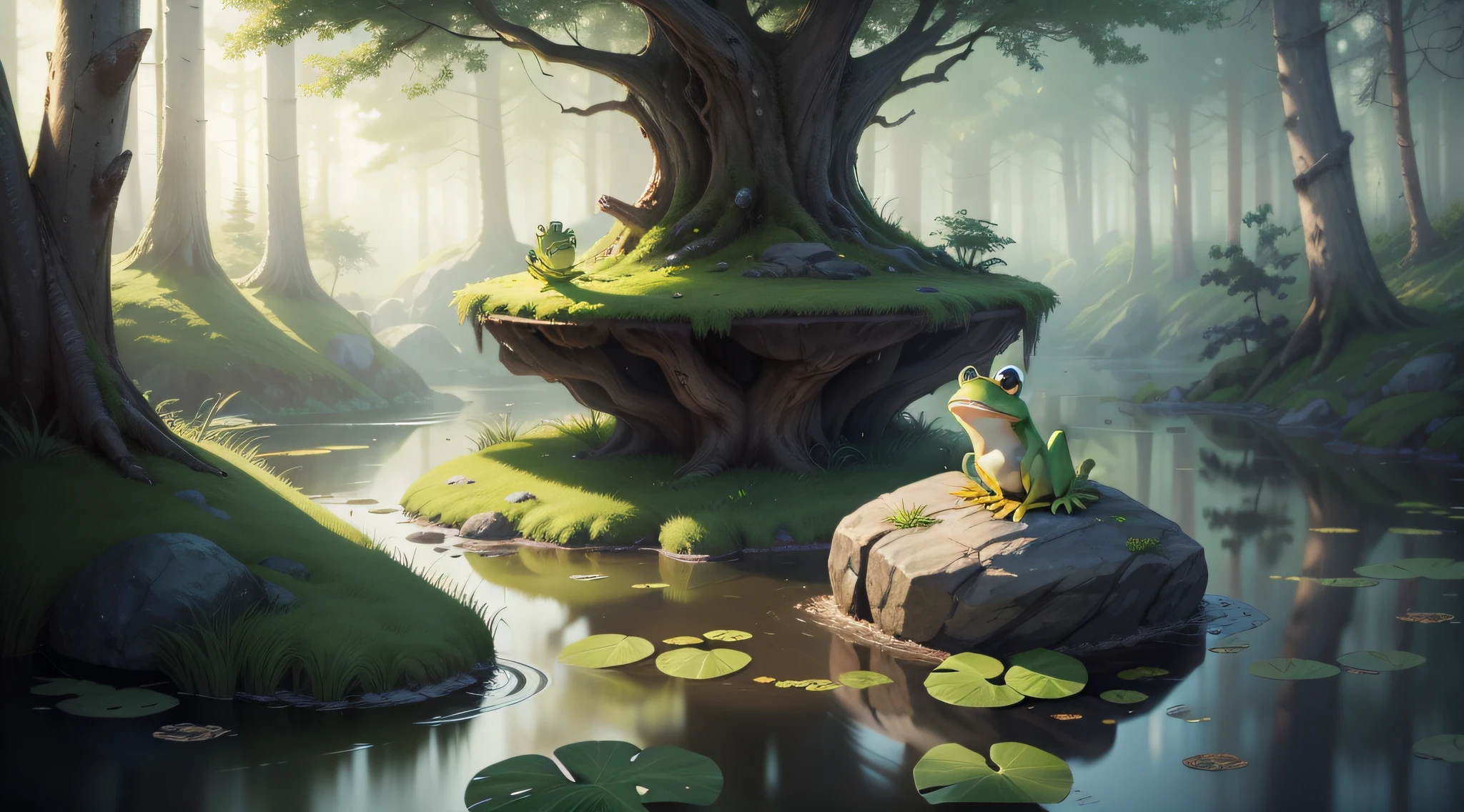 a frog sitting on a rock on the edge of a pond in a forest, cartoon, children's story, relaxing concept art