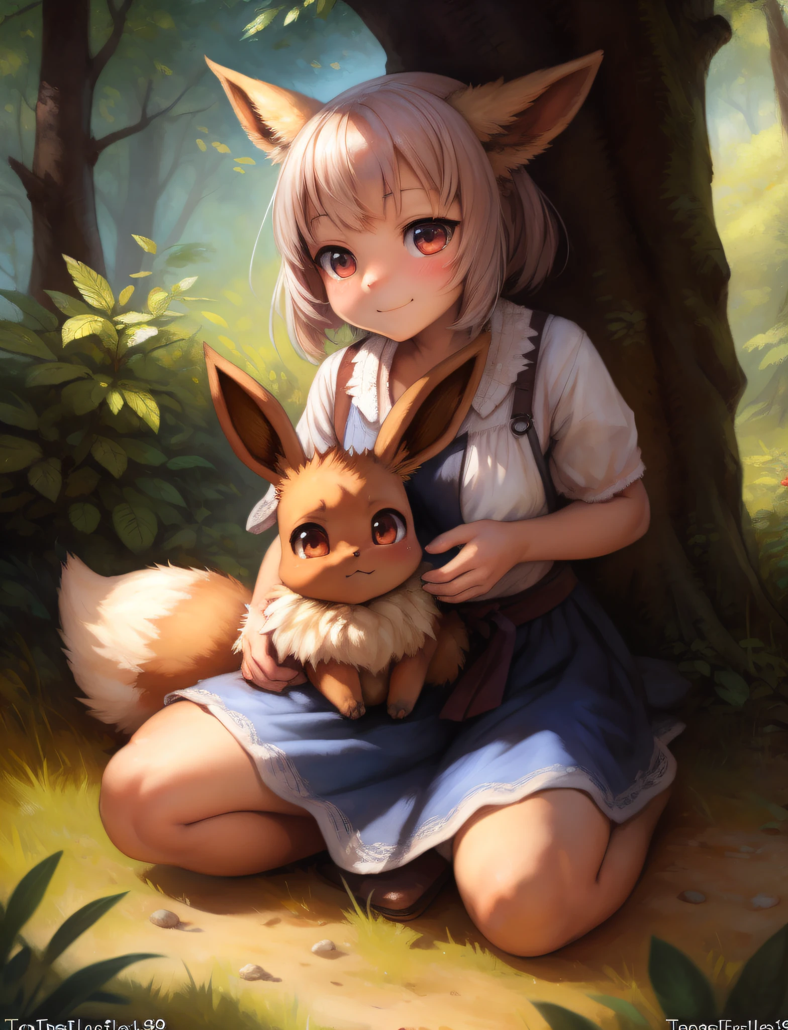 by kenket, by totesfleisch8, (by thebigslick, by silverfox5213:0.8), (by syuro:0.2), pokekid, eevee, fluffy girl, furry girl, female, has a big pretty bow in her hair, has animal paws for hands, 1girl, best quality, outdoors, high definition, cute,