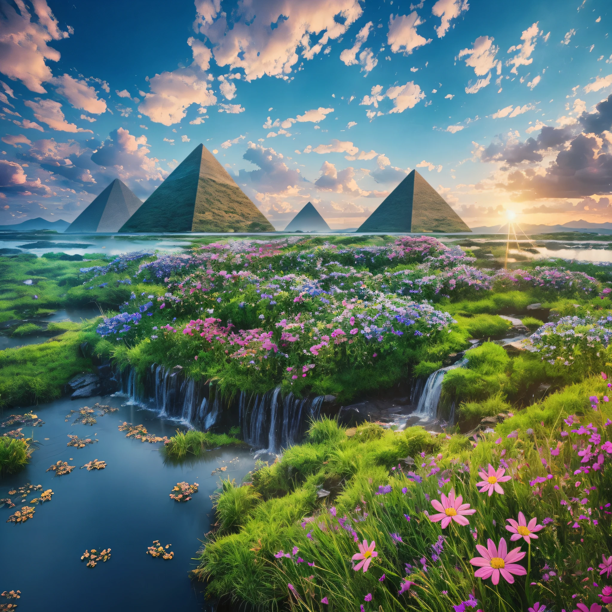 Giant pyramid surging in the middle Amazonia perfect, masterpiece, best quality, high quality, extremely detailed unit wallpaper CG 8k, scenery, Outdoor, sky, cloud, day, no humans, mountain, panorama, water, tree, blue sky, waterfall, cliff, nature, lake, river, cloudy sky, award-winning photography, Bokeh, depth of field, HDR, flower, chromatic aberration, photorealistic, extremely detailed,  trend in artstation, trend in CGsociety, intricate, high detail, dramatic, art in the middle of the journey --auto --s2