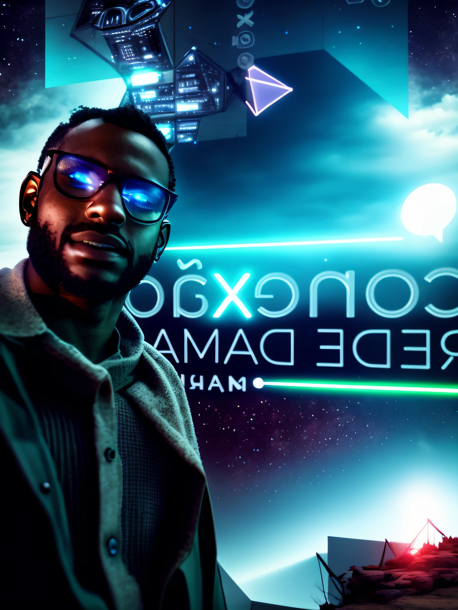 Man in glasses in front of a futuristic landscape, in the style of star wars characters, with simulated limination lightsaber