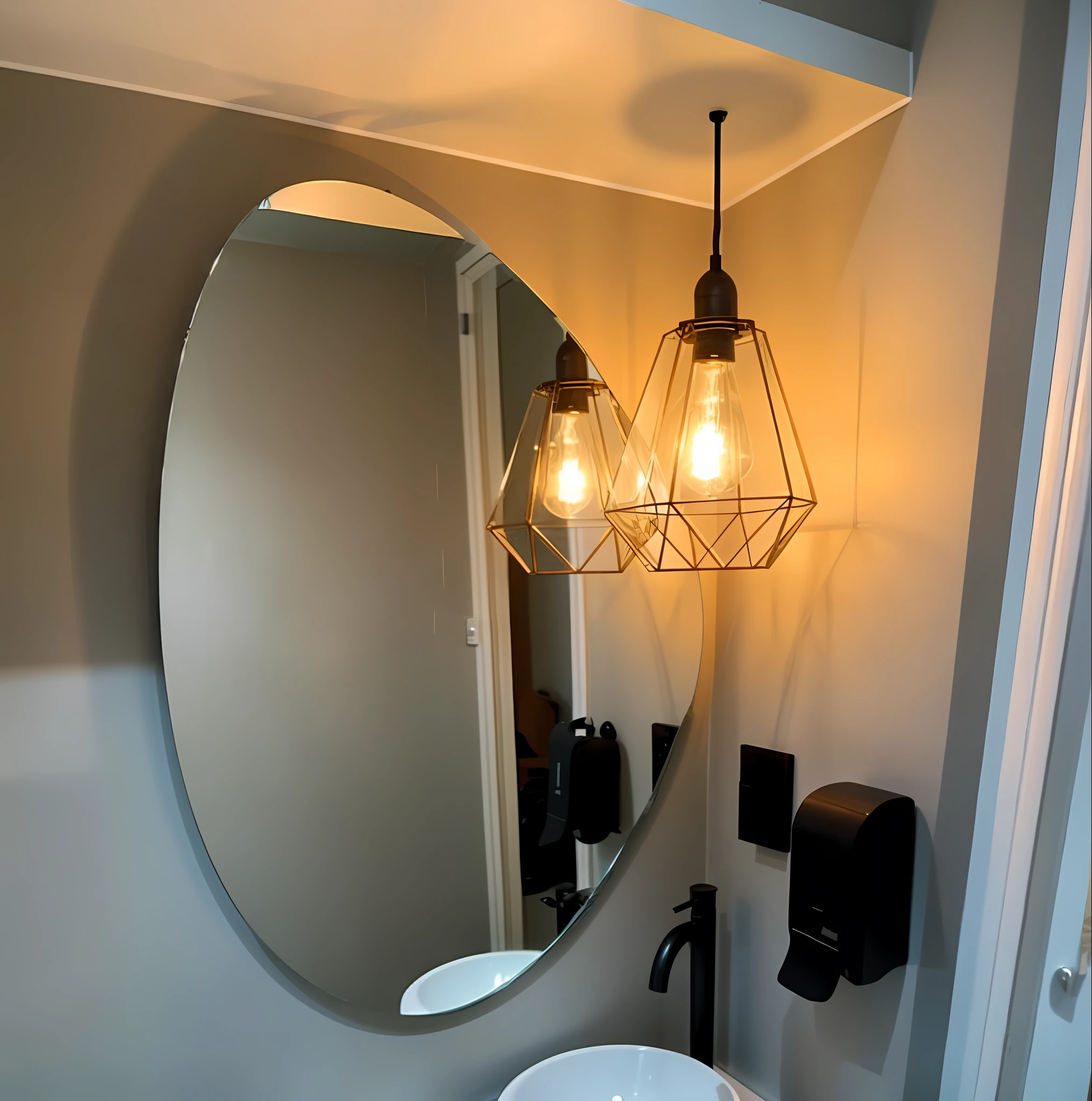 there is a bathroom with a sink and a mirror in it, round mirror on the wall, mirror and glass surfaces, photo taken in 2 0 2 0, contrejour lighting, by Tom Wänerstrand, 1614572159, vintage look, rayonnant style, vignette, bold lighting