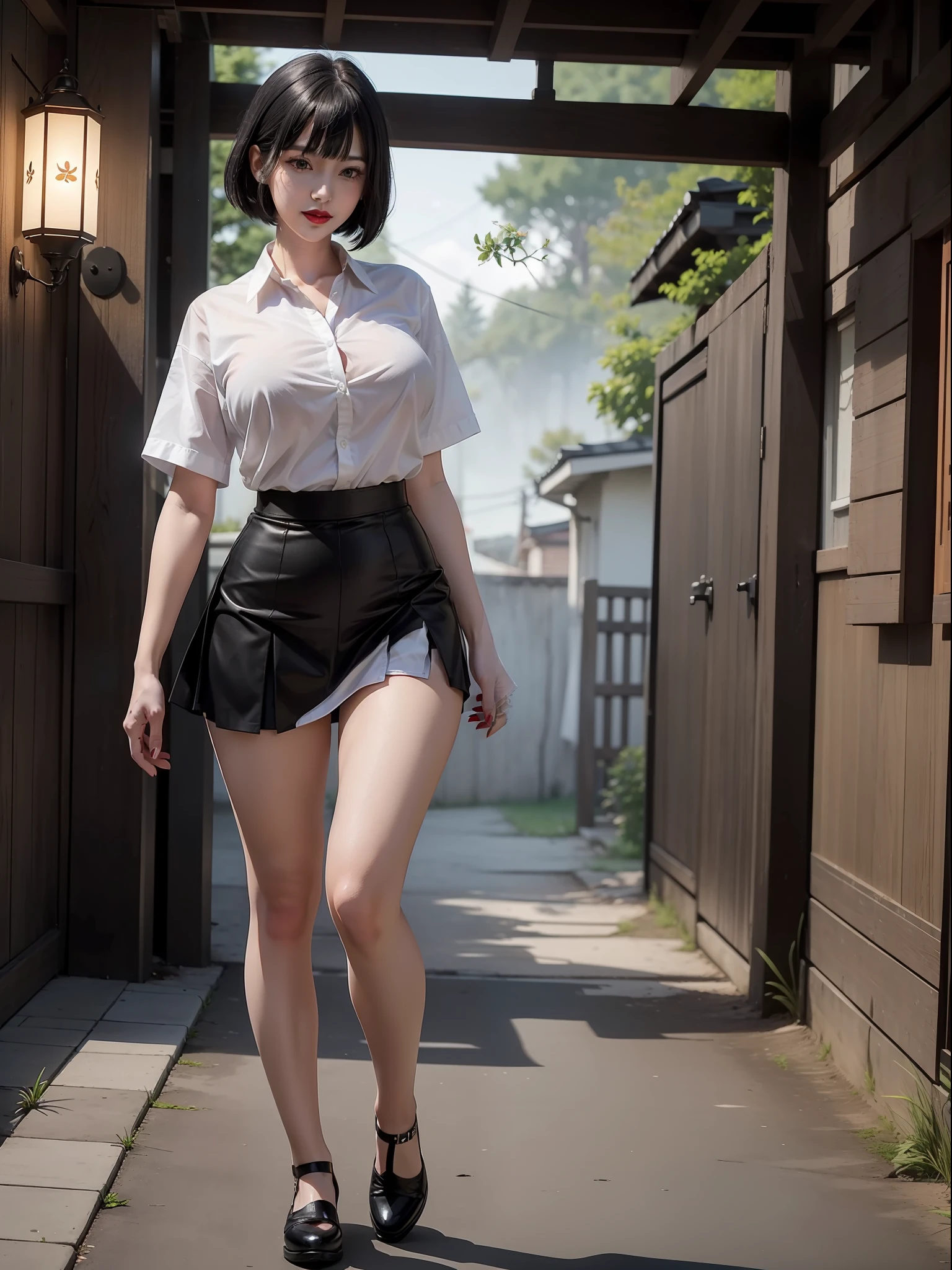 (Fatal Frame Crimson butterfly), (full body photo:1.5), One/Woman, (exaggeratedly large breasts:1.5), (wearing high school outfit with white fabric shirt+short black fabric skirt+extremely tight on body:1.5), (behind her is a ghost of a beautiful woman wearing black clothes all torn:1.3), she is in an old Japanese village at night with fog, she stands outside the entrance of a house doing sensual poses for the viewer, smiling, wearing red lipstick on her mouth, she has very short black hair slick+bangs in front of her eyes, green eyes, Anime style, Ultra quality, Ultra detailed, 16k, Masterpiece, Extremely detailed eyes, better sharpness, luminosity