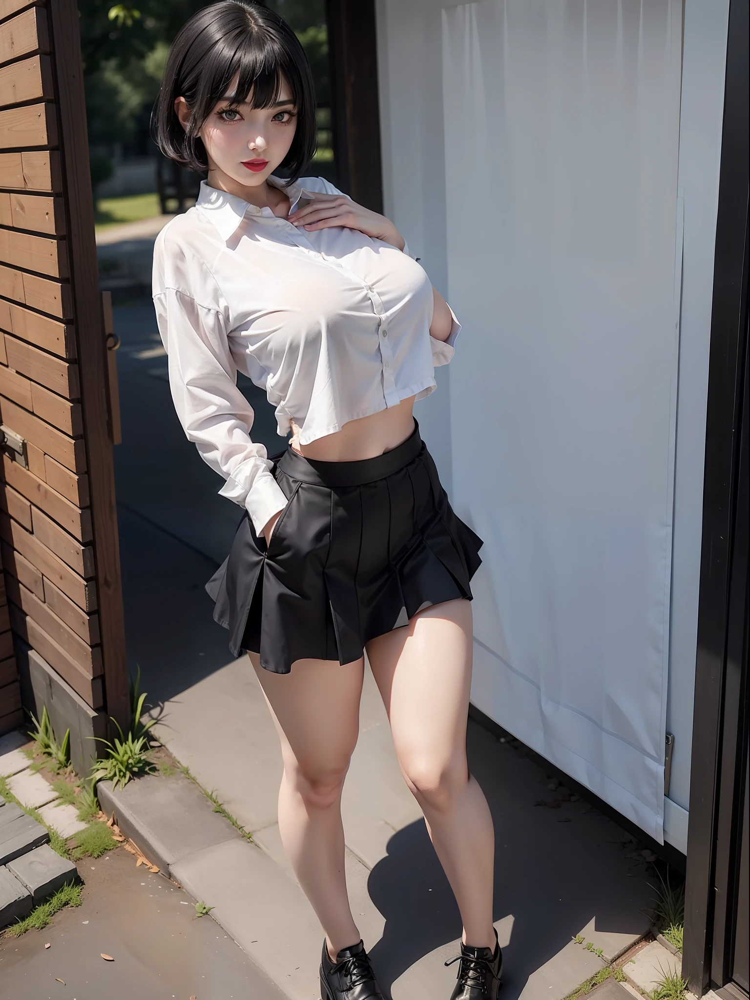 (Fatal Frame Crimson butterfly), (full body photo:1.5), One/Woman, (exaggeratedly large breasts:1.5), (wearing high school outfit with white fabric shirt+short black fabric skirt+extremely tight on body:1.5), (behind her is a ghost of a beautiful woman wearing black clothes all torn:1.3), she is in an old Japanese village at night with fog, she stands outside the entrance of a house doing sensual poses for the viewer, smiling, wearing red lipstick on her mouth, she has very short black hair slick+bangs in front of her eyes, green eyes, Anime style, Ultra quality, Ultra detailed, 16k, Masterpiece, Extremely detailed eyes, better sharpness, luminosity