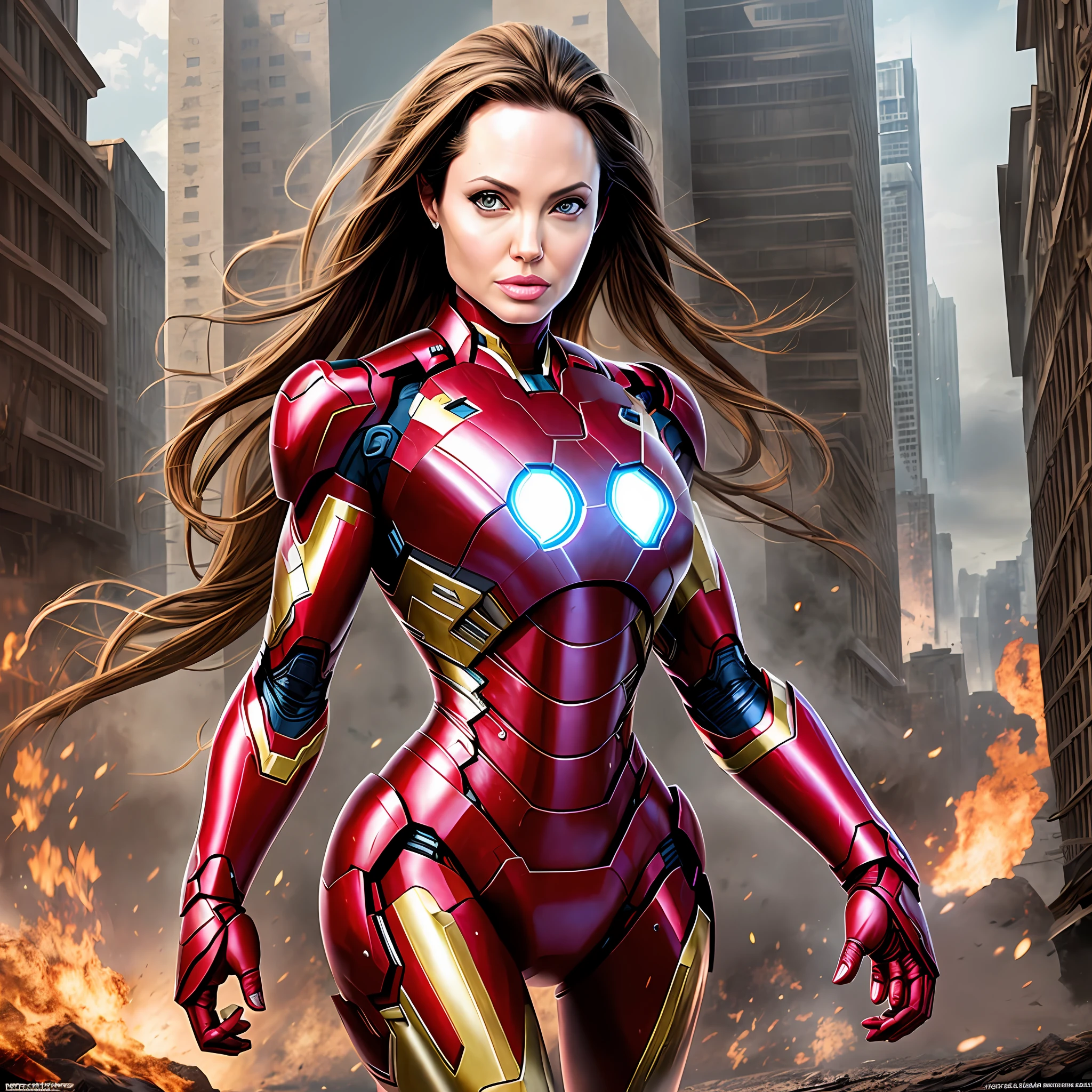 Angelina Jolie with hyper realistic iron man outfit, best shadow, best lighting, cinematic,hd
