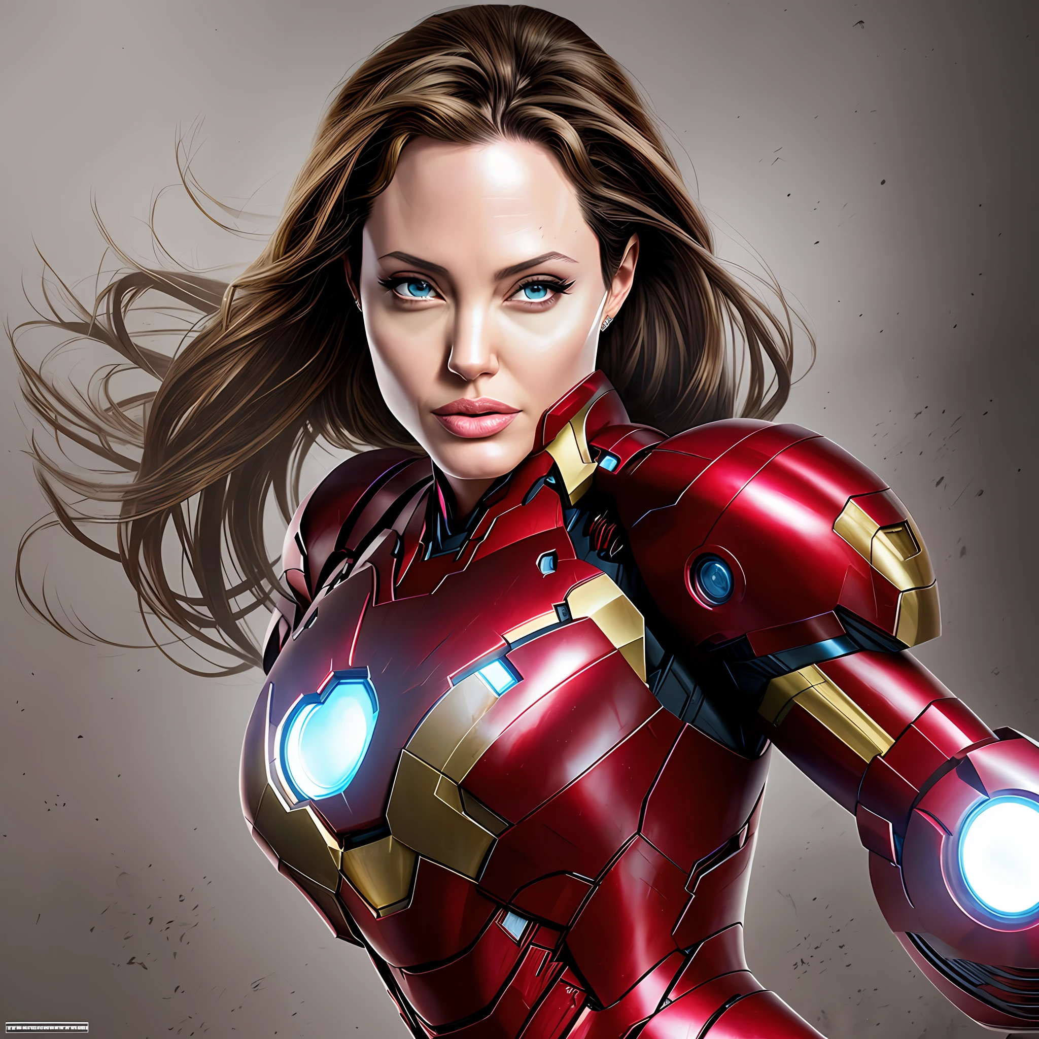 Angelina Jolie with hyper realistic iron man outfit, best shadow, best lighting, cinematic,hd