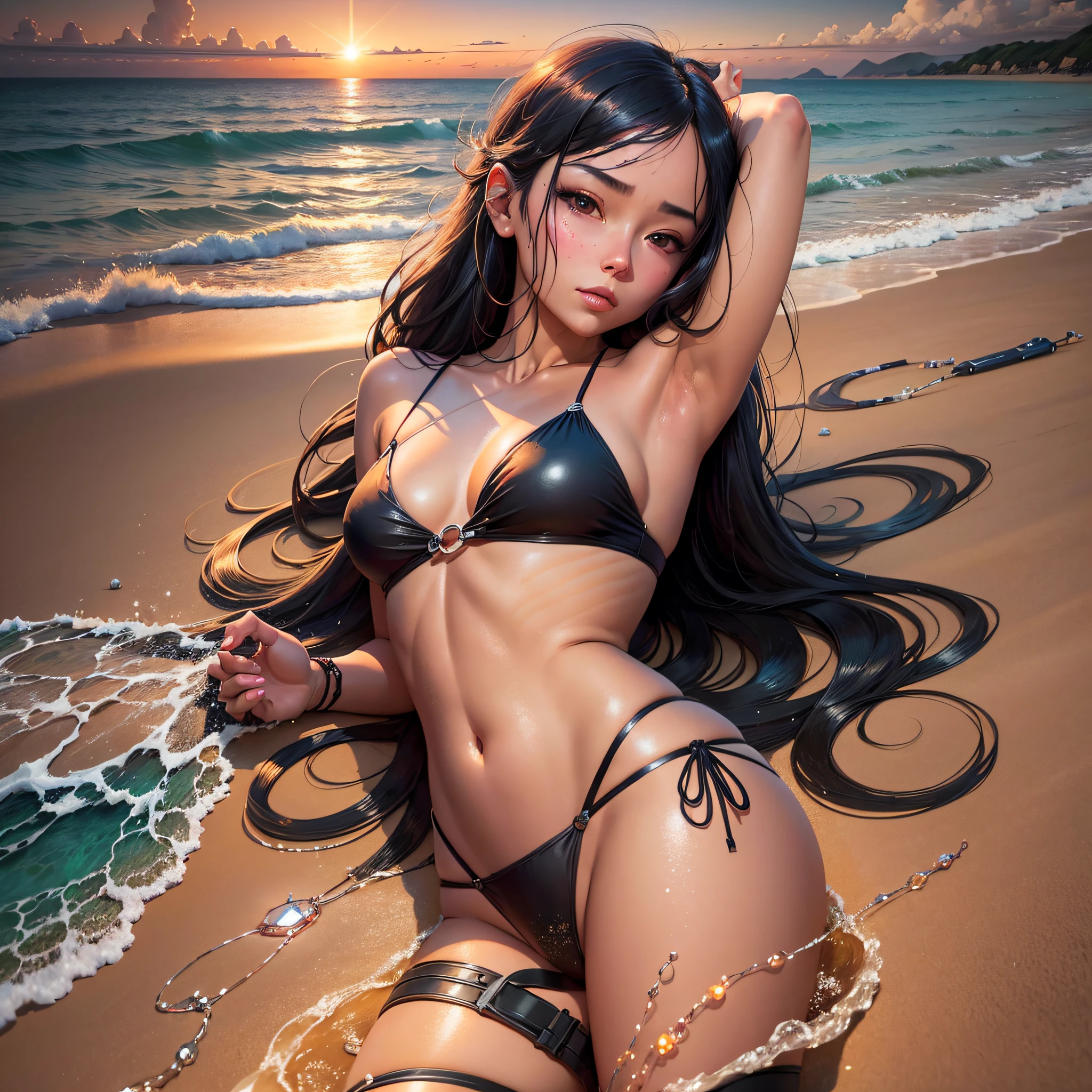 arafed woman in a bikini lying on the beach at sunset, trend in cgstation, artwork in the style of guweiz, on the sand, on a beach, deviantart artstation cgscosiety, by Victor Wang, seductive anime girl, beach, masterpiece guweiz, on the beach at sunset, Surrealism, cinematic lighting, 4K --auto --s2