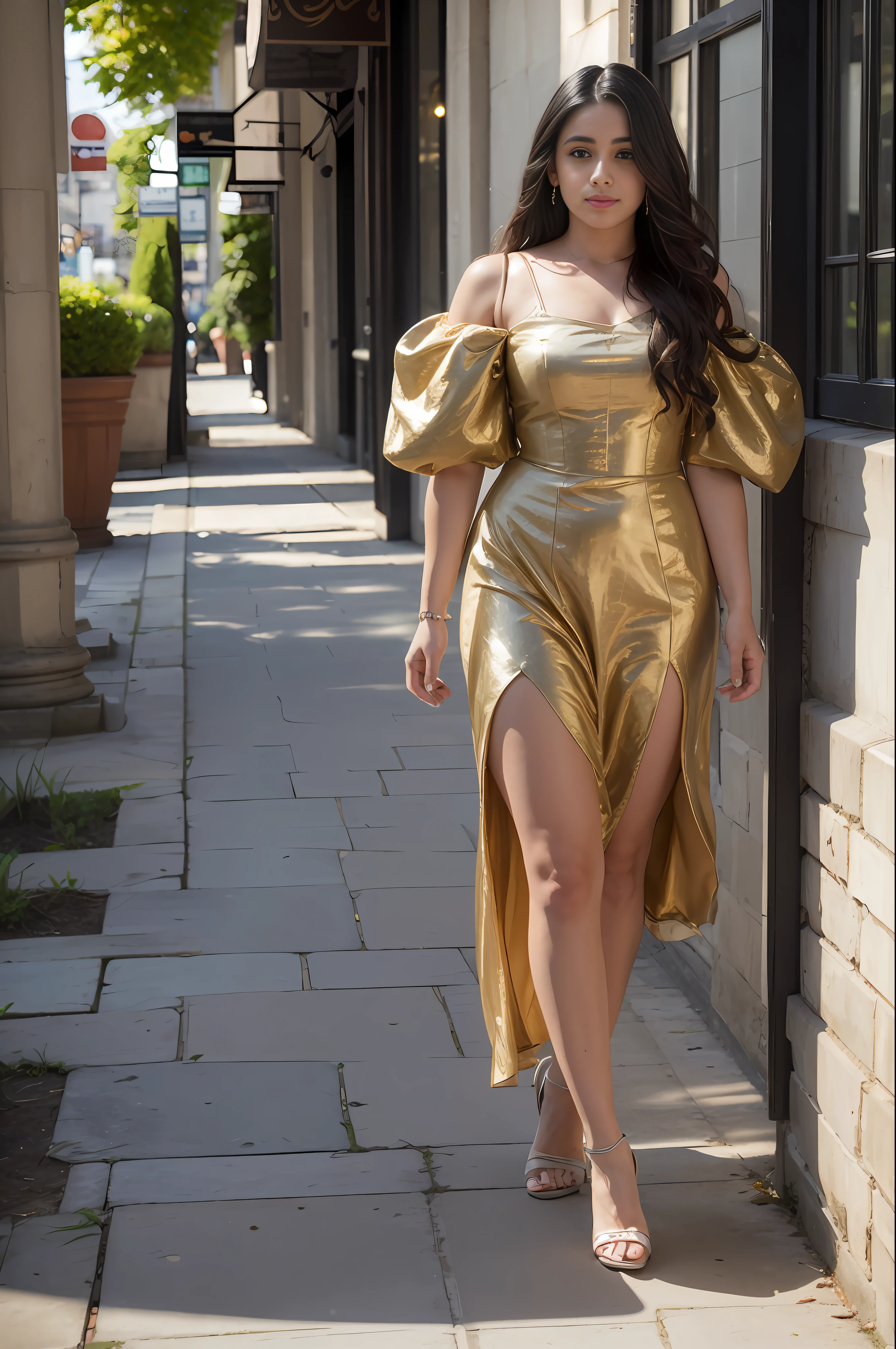 (masterpiece, high quality), sensual Victorian dress, Lauren Jauregui happy and elegant walking through a vibrant city, full shot, exciting background scenery, golden light, soft shadows.