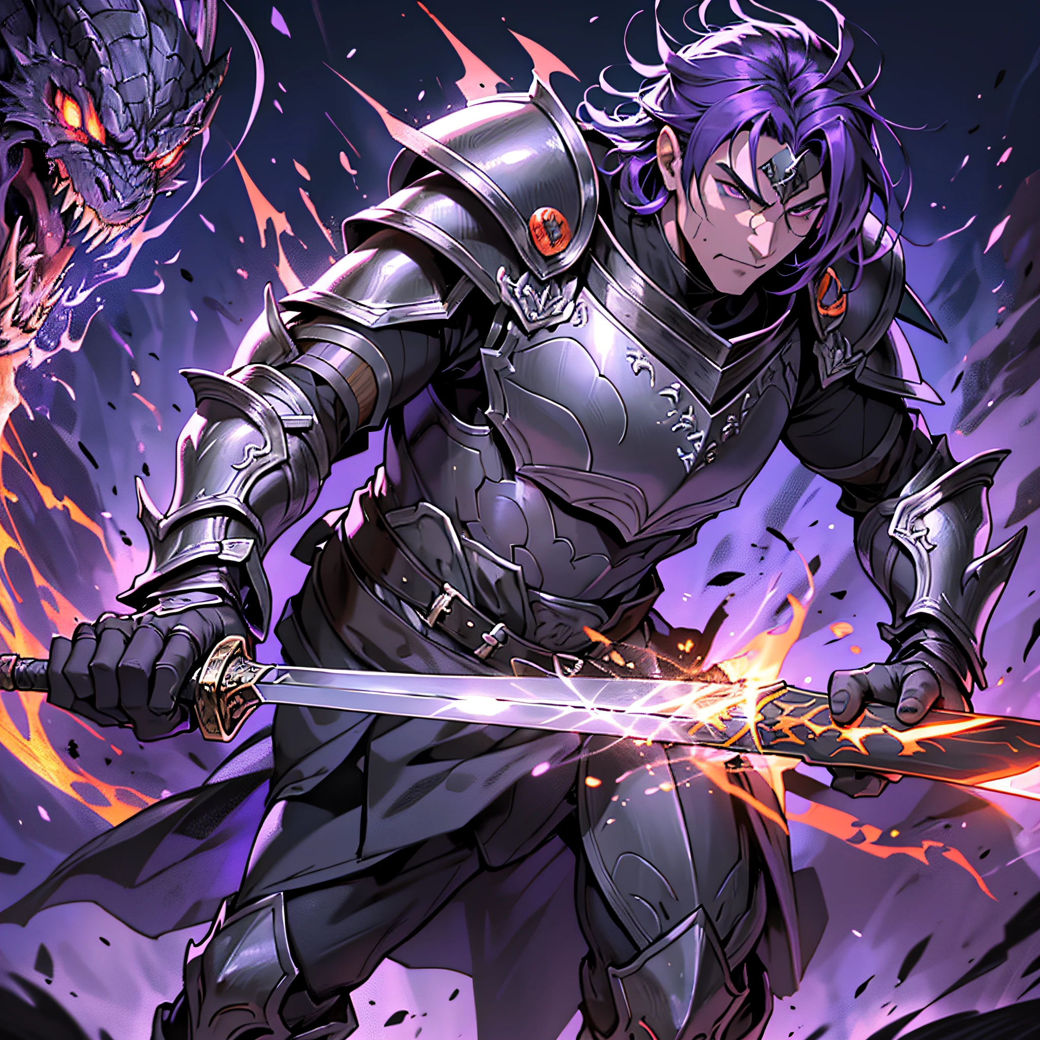 Close-up of a man holding a sword and armor, purple armor, black purple armor, purple demon armor, black fire reflective armor, demon warrior, blood knight, heavy armor and sword god of war, dragon knight, demon warrior, black and purple reflective armor, ruler of hell, Yang J, purple armor, king of cinder