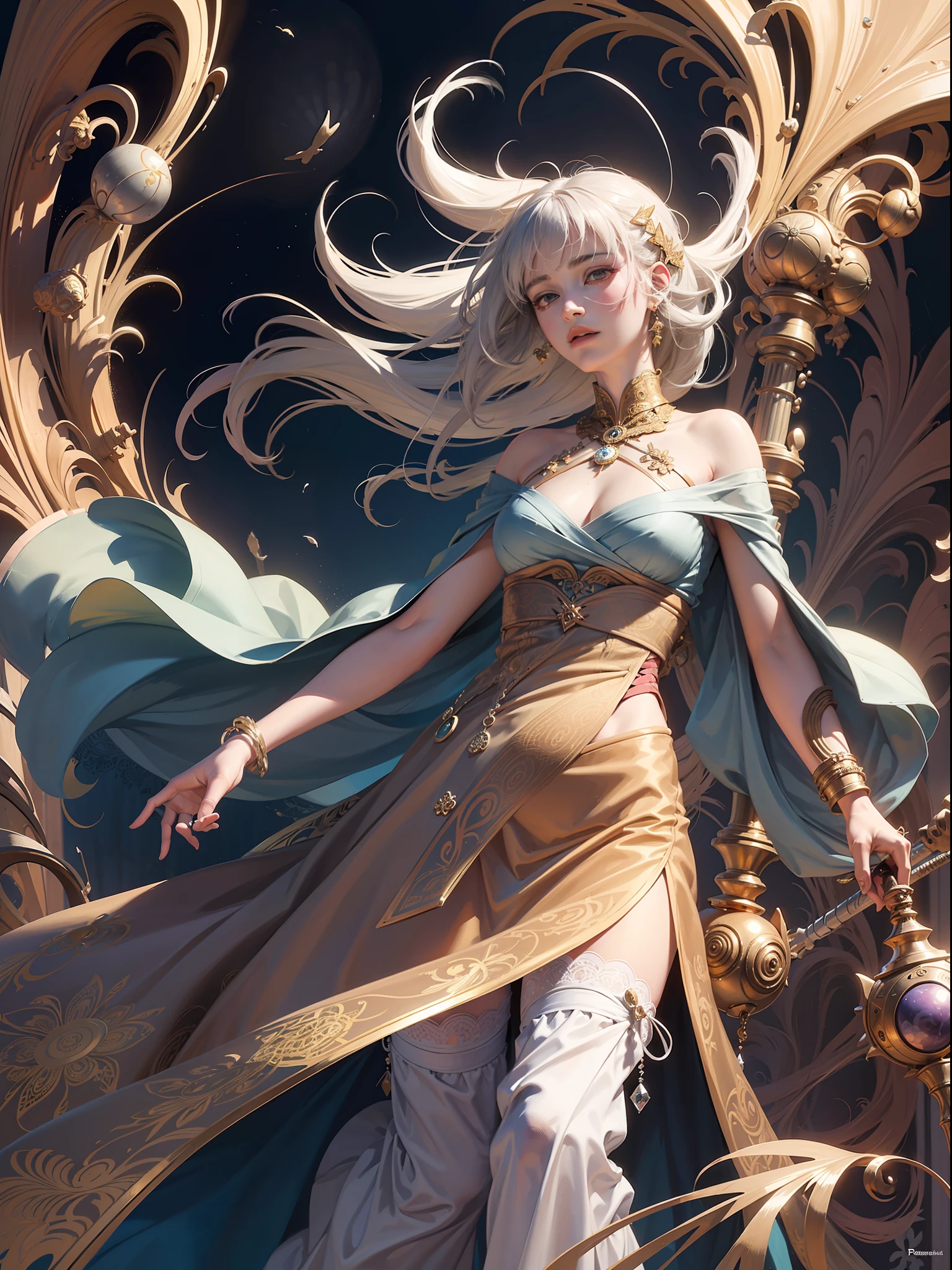 official art, Unity 8k wallpaper, ultra detailed, beautiful and beautiful, masterpiece, best quality and neatly dressed, (zen, mandala, tangled, tangled), (fractal art:1.3) , 1girl, very detailed, dynamic angle, cowboy shot, most beautiful chaotic form, elegant, fauvist design, bright colors, romanticism, james Jean, Robbie Devi Antono, Ross Tran, Francis Bacon, Michal Mraz, Adrian Ghenny, Petra S. Kotwright, Gerhard Richter, Takato Yamamoto, Ashley Wood, atmosphere, the ecstasy of musical notes, flowing notes visible,