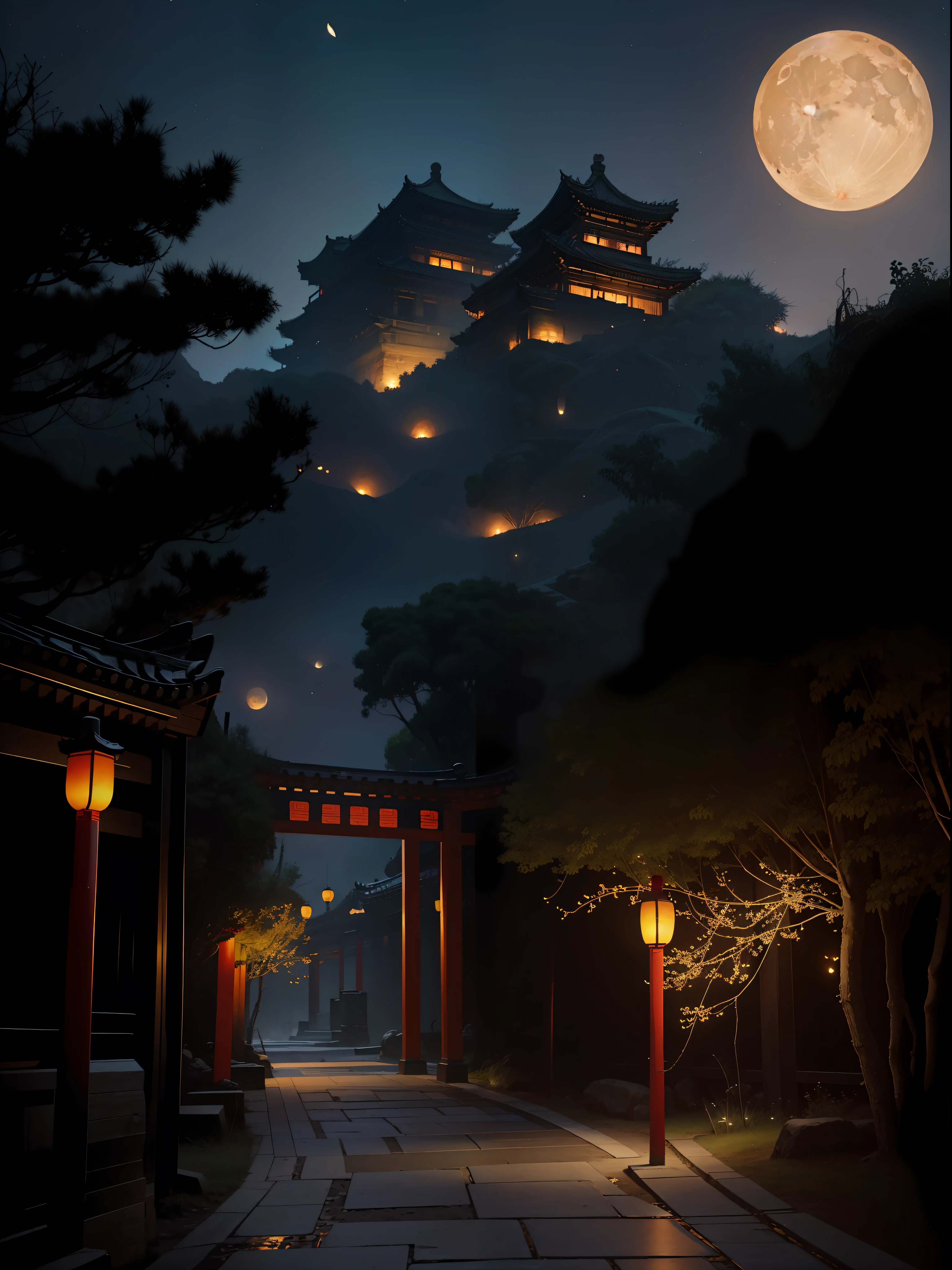 Official Art, Ancient China, Ancient Streets, (Lots of Fireflies), (Night), (Moon), Lights, Beautiful Landscapes, Epic Landscapes, Realistic Lighting, Masterpieces, High Quality, Beautiful Graphics, High Detail, Global Illumination, Unreal Engine Rendering, Octane Rendering, (HDR:1.3)