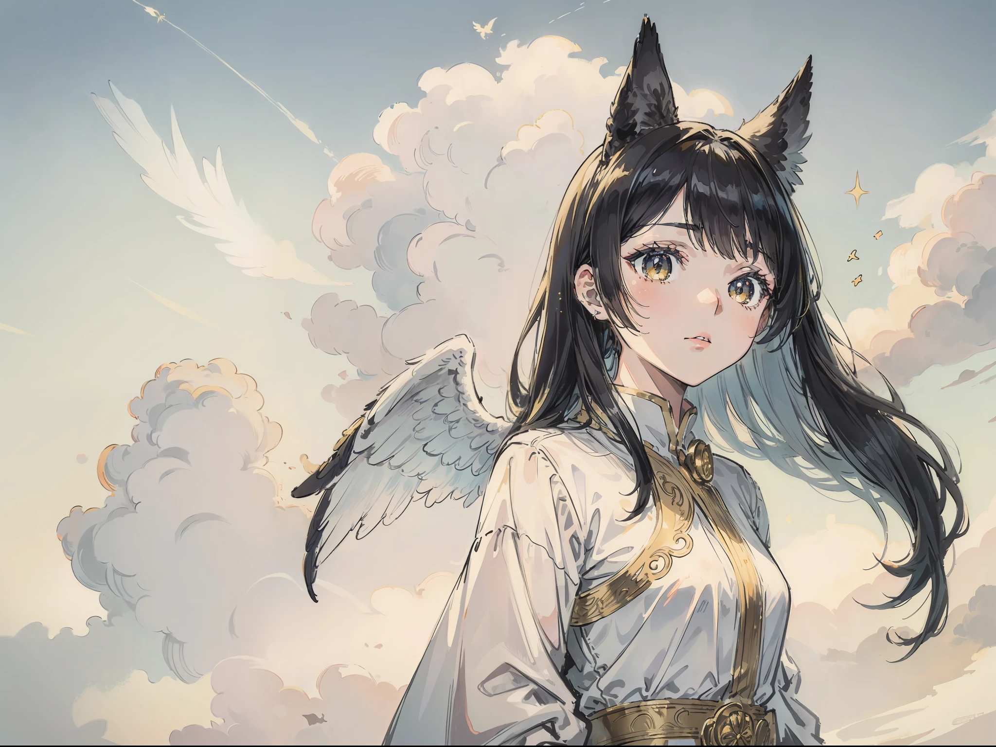 1girl with angel wings, black hair, (black long animal ears:1.2), the animal ears are golden at the tip, (best quality, masterpiece), celestial, a beautiful angel, wears beautiful and elegant white clothes with golden detailing, (wings on head:1.1), serene expression, delicate and elegant, background is a temple with ample fantastical sky with clouds and sparkles, a small rainbow coming out of a cloud.