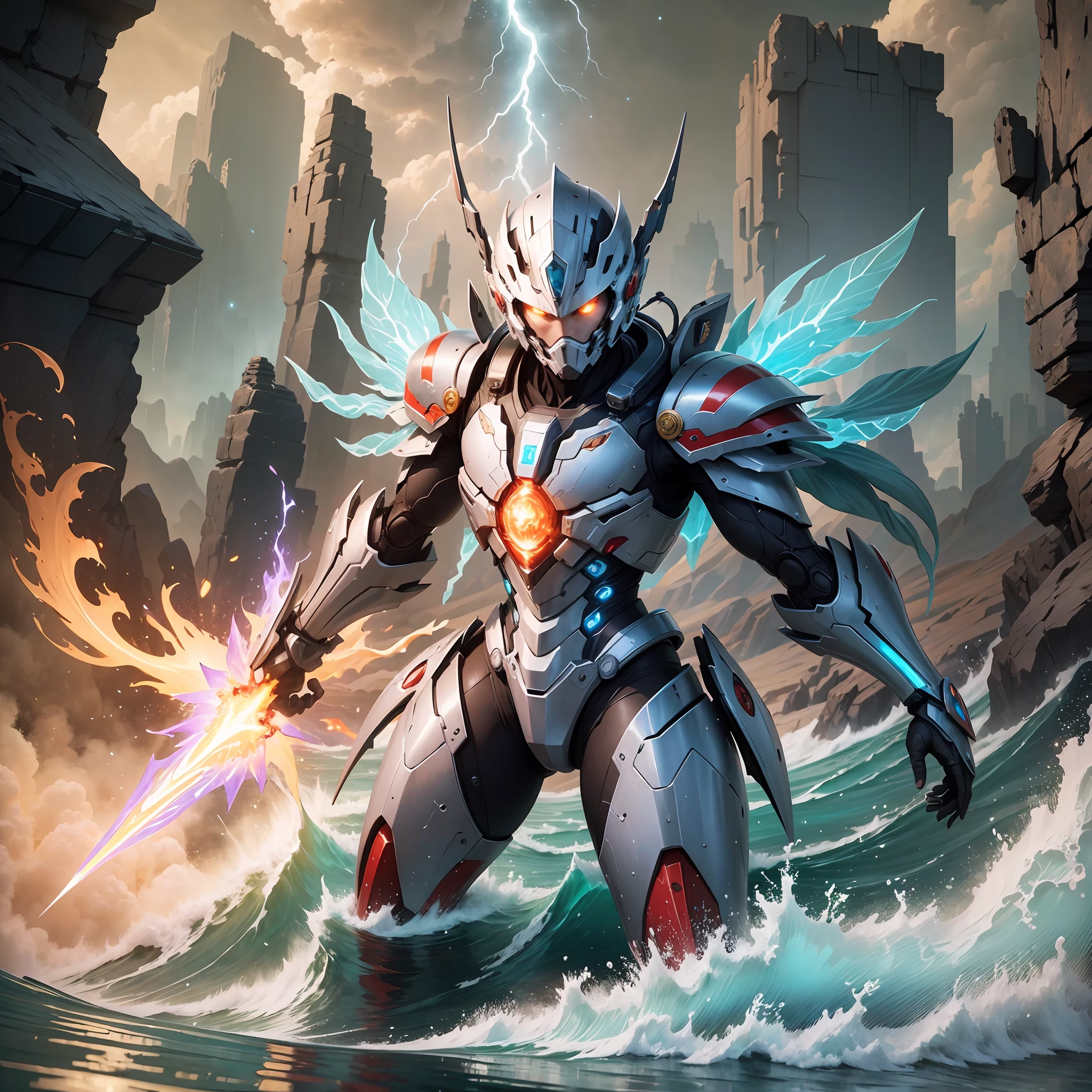 ((Masterpiece)), (Best Quality)), 8k, High Detail, Ultra Detailed, Extremely Detailed CG Unity 8k Wallpaper, 1 Mecha Boy,  {wind|water magic|ink|golden|white|blue} Armor, Red Eyes, Sci-Fi, War, Conflict, Movie Grandiose Scenes, Weapons, Fully Armed,(floating colorful {wind|water magic|ink|crystals|fire|ice|flame|lightning|web|rocks|sand|particles|sparkles|blood}:1) --auto --s2