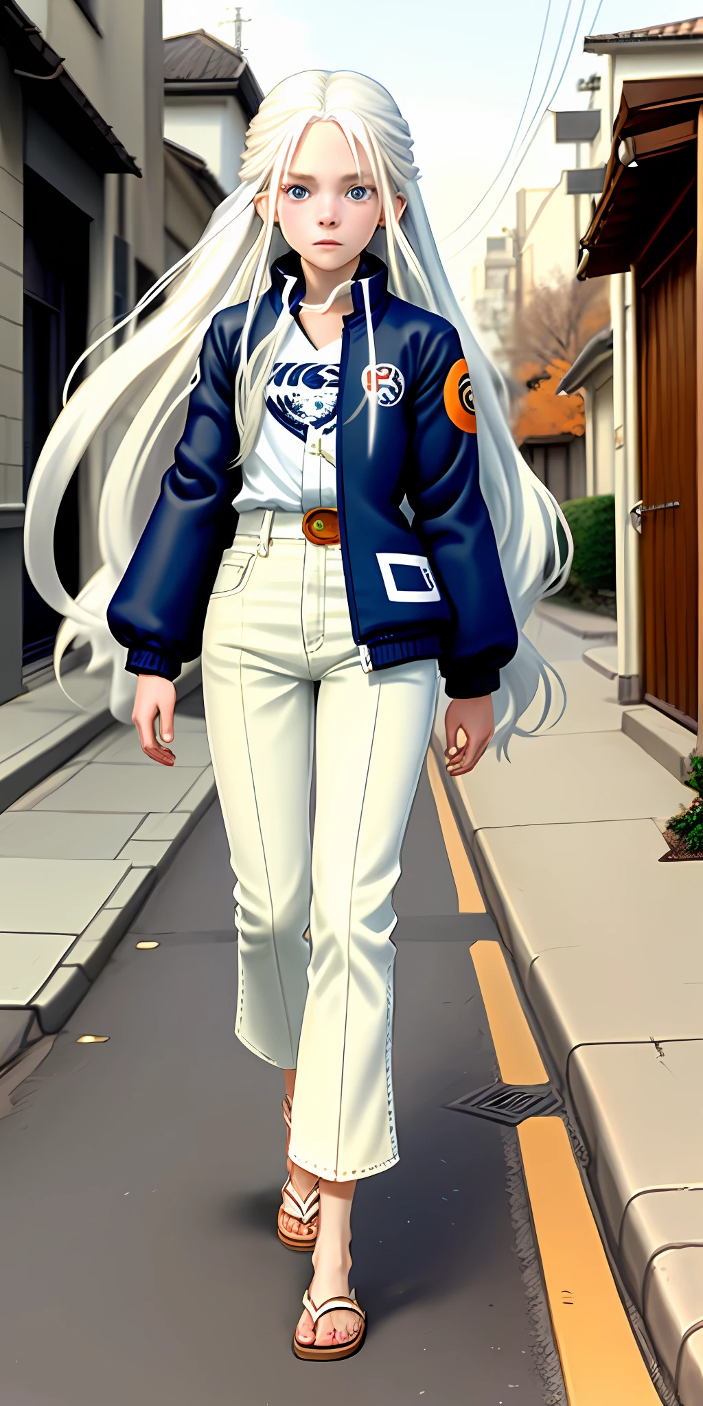 Little white girl with long white hair wearing an orange jacket with white pants, blue eyes walking barefoot on a Tite Kubo sleeve style sidewalk;