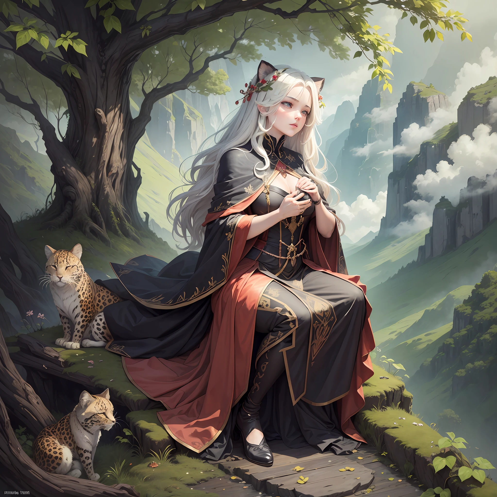 Deep in mountains I am found; gilt in vines and ivy clad
Charming figure lithe and gowned; laden eyes which once beguiled
Bright my bannered chariot ride; through magnolia blossoms gad
Red the leopard fore it stride; trailed by felines striped and wild
Folia cloak’d, asarum girt; folding stems’f remembrance
Bamboo born of virgin dirt; mark the steep path tread alone
Rise atop the mountain peak; cast in clouds my semblance
Sunless skies roil dark and bleak; by the east gale rain comes flown
Spirit whom had long yet stayed; folded under track of time
Gathered days did by us fade; lover’s visage, bygone year
Heaven’s herb grew on that hill; over rocks did twined roots climb
Lady’s longing seasoned thrill; lord’s departure kindled fear
One who in the mountains trekked; fragrance bound by wilder bloom
Drank from pools in stones collect; shaded under piny gloom
Marvel I to your recall
Thunder cracks in fits of rain, gibbons shriek the night awake
Furious storm splits wood in twain, I who linger know your ache --auto --s2
