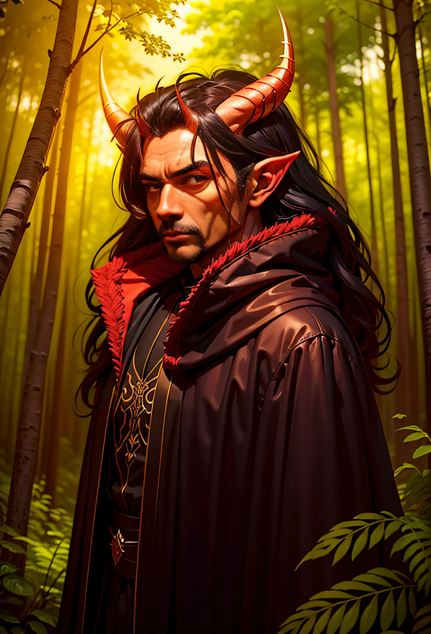 (extremely detailed CG unity 8k wallpaper, masterpiece, best quality, ultra-detailed),best illumination,An illustration that depicts an extremely realistic and detailed rendering of a older-looking red-skinned demon-blooded man, with (tiny horns:1.4) and deep black hair. He wears a hooded cloak of deep black and under that an opulent set of black clothes. The eyes of this man glow with a green hue, adding to the mysterious nature of this scene. The man can be found standing in the middle of a forest clearing, surrounded by an elaborate and detailed forest backdrop.