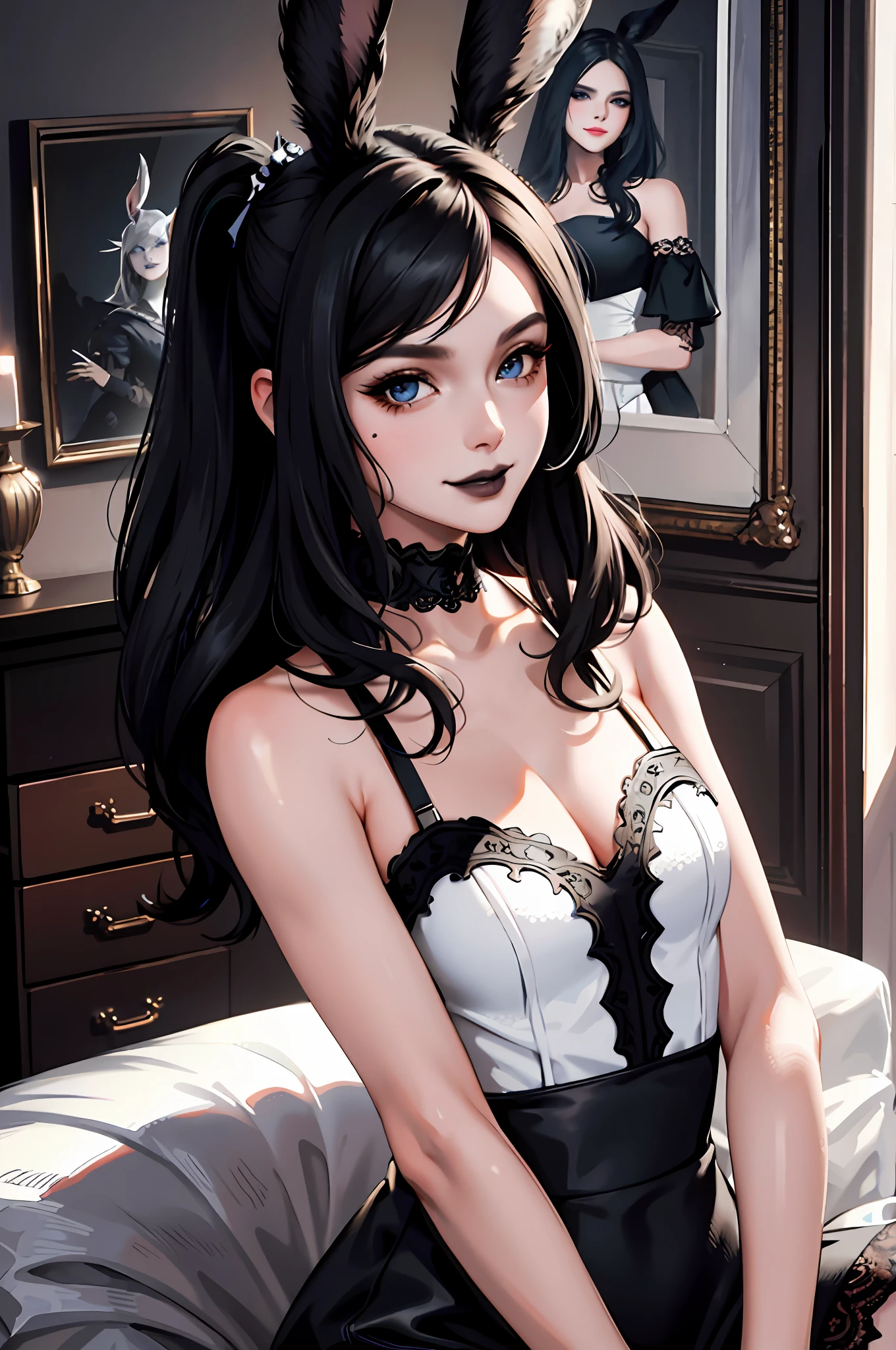 (Masterpiece: 1.2, highest quality), (real photo, intricate details), 1 Lady, Solo, Upper body, Casual, shoulder length hair, Minimal dark makeup,  Natural fabric, Face close-up, Smile, Home, black hair, blue eyes, black furry bunny ears,((white dress)), black lipstick, indoors, house, bedroom, viera, final fantasy xiv