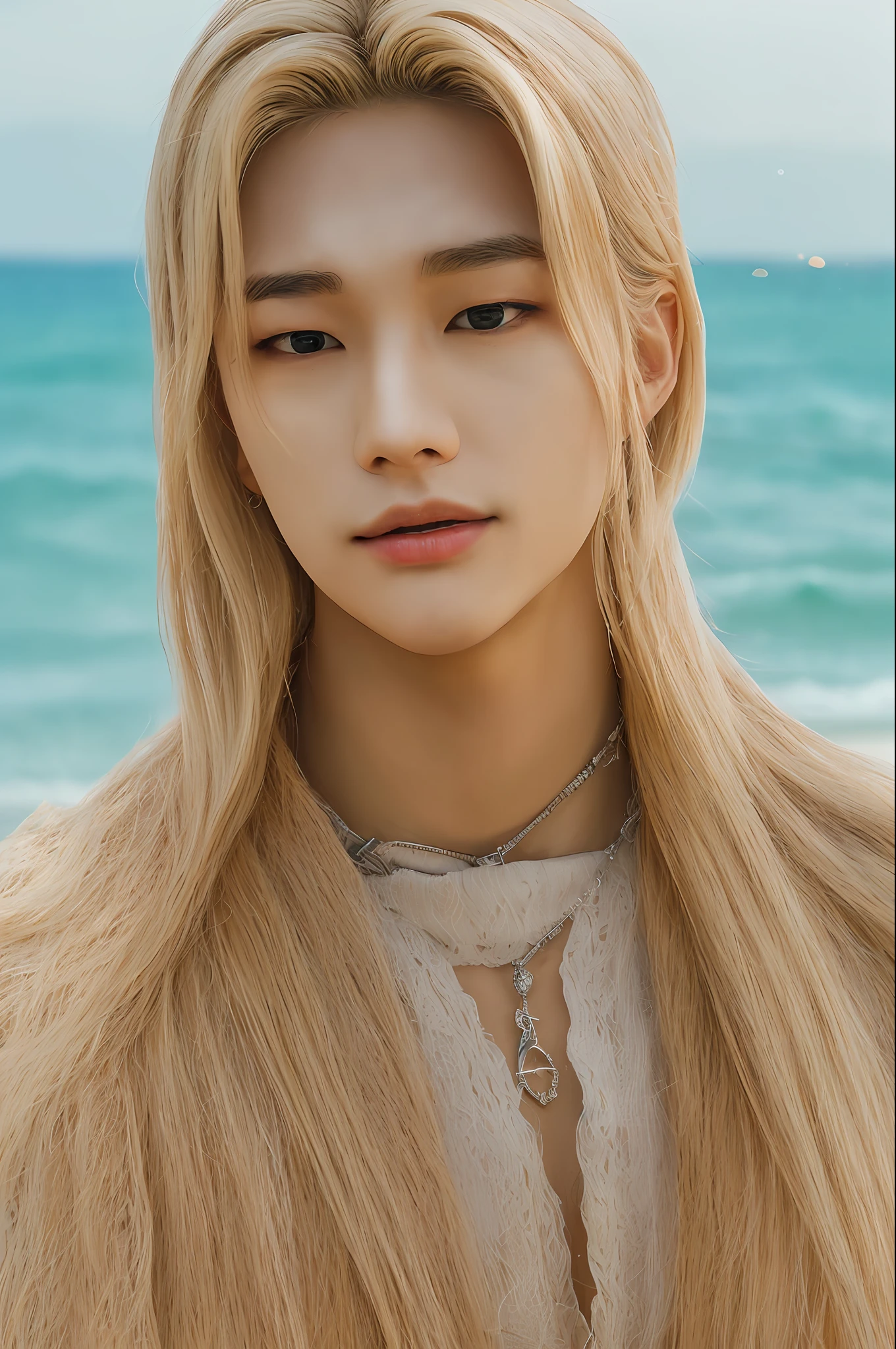 Hyunstayv2, frontal, shimmering, split lips, (long blonde hair:1.2), (ultra realistic:1.2), (shoulders and chest: 1.2), (close-up photo:1.1), (intricate:1.2), (beach background:1.2), (looking at the viewer:1.2), time:night.