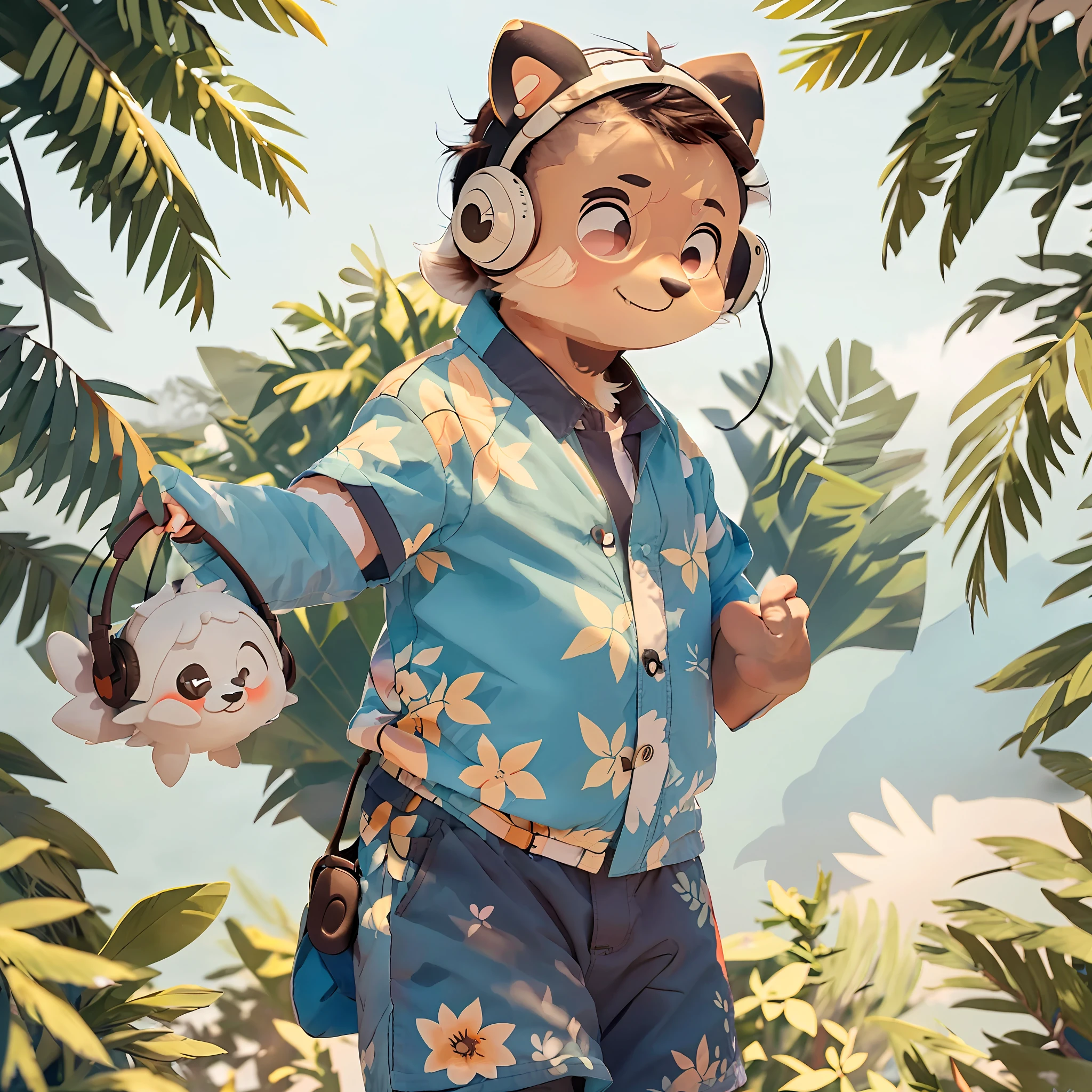 A cute well-detailed panda, wearing a comfortable flowered shirt and headphones, walking along the beach of the paradisiacal tropical island, enjoying a stunning sunset as he strolls along the wooden boardwalk next to the gentle waves. Flakes of fluffy white clouds float lazily across the clear sky above the coastal landscape as a flock of seagulls murmurs in unison in the background.