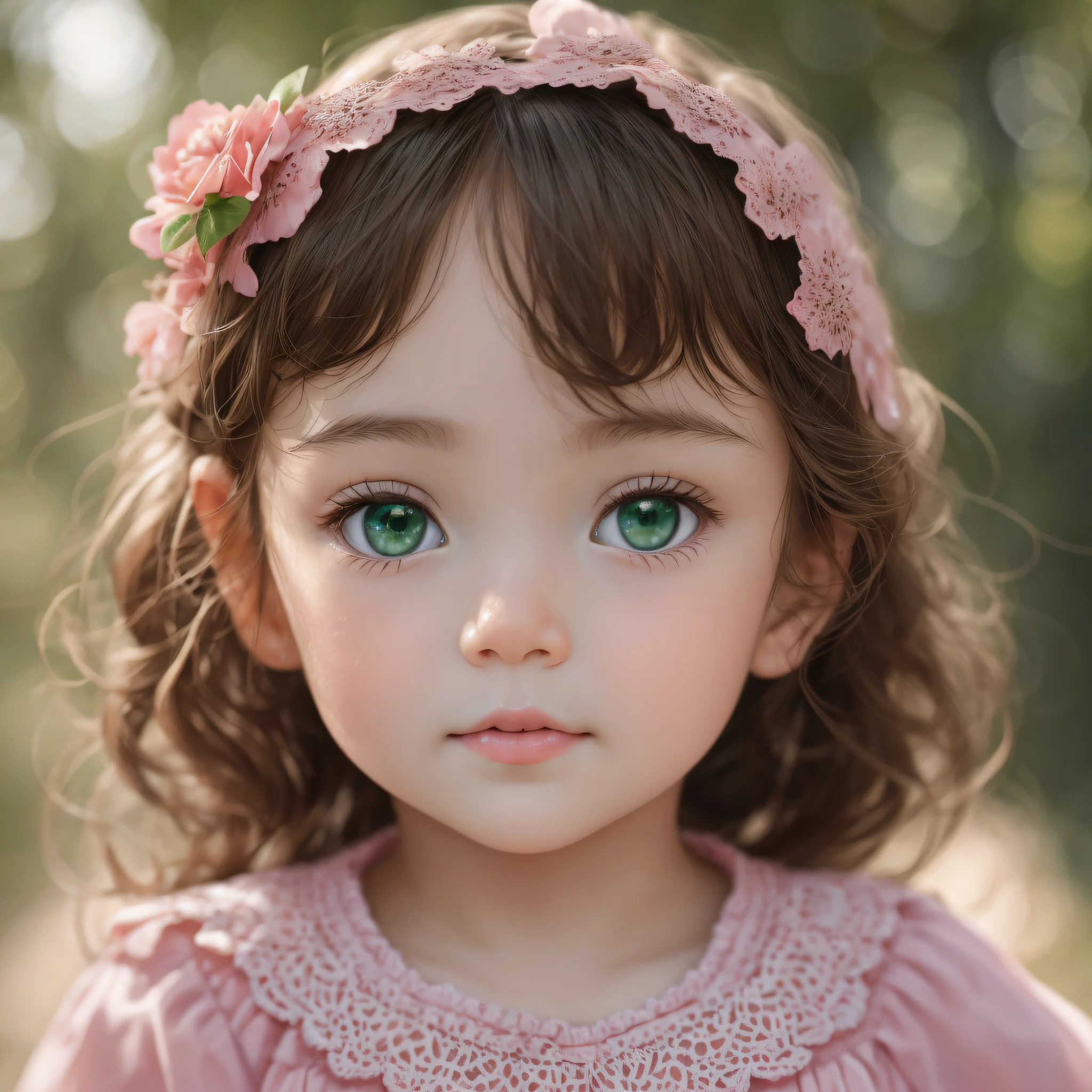 RAW photo, close-up portrait photo of a cute  in delicate pink clothes, looking at camera, masterpiece, best quality, high quality, high resolution, high quality textures, high quality shadows, high detail, beautiful details, fine details, extremely detailed computer graphics, detailed textures, realistic faces, realistic, colorful, delicate, cinematically delicate face, beautiful and delicate detailed eyes,  perfect facial proportions, high skin details, skin details, very detailed face, gorgeous green eyes, [chubby], charming, with rosy cheeks and cheerful bright eyes, gorgeous (Rembrandt lighting), Zeiss lens, ultra-realistic (highly detailed skin: 1.2), 8k uhd, DSLR, bright frame, high quality, Fujifilm XT3, (nature in the background)