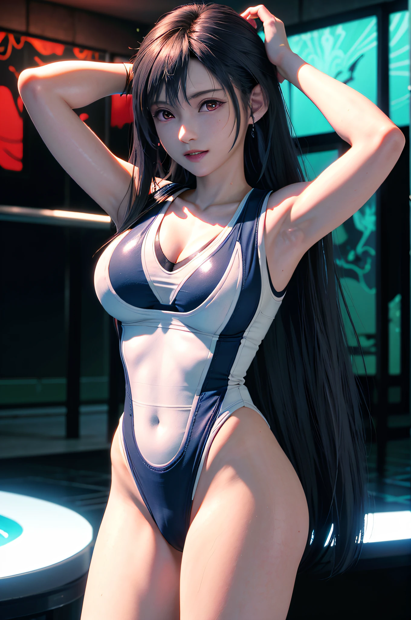 masterpiece, ultra realistic 8k cg, top quality, best quality, extreme detailed, highest detailed, (((1girl))), ((from front)), tifa, final fantasy 7 remake, ((arms up, arms behind head)), looking at viewer, (standing:1.6), curvy, (happy, smile:1.1), (red eyes), ((gigantic breasts, cleavage)), very long hair, beautiful face, (((Wear nothing but a one-piece race swimsuit))), (one-piece race swimsuit), (((one-piece race swimsuit color is navy blue)))