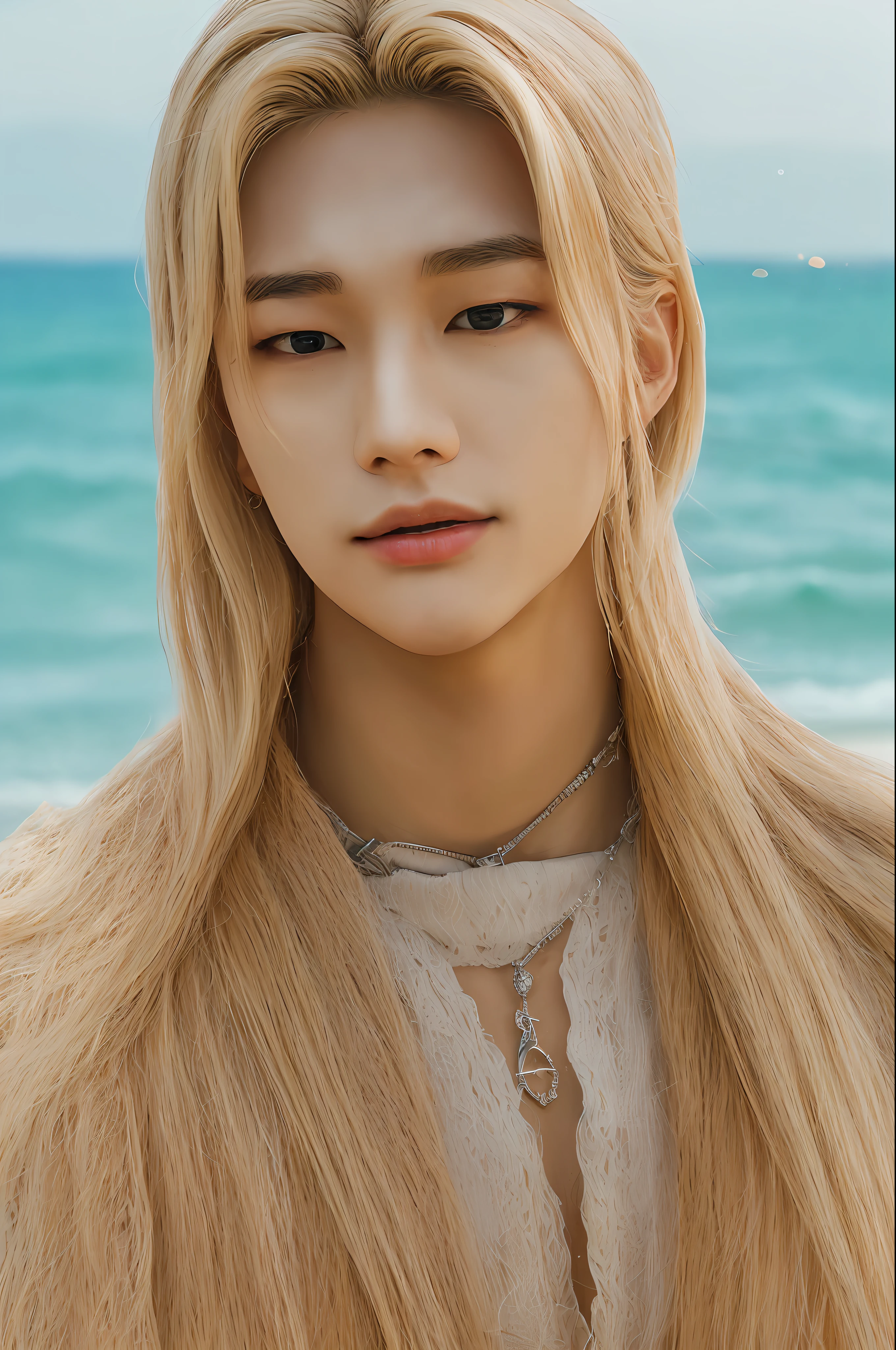 Hyunstayv2, frontal, shimmering, split lips, (long blonde hair:1.2), (ultra realistic:1.2), (shoulders and chest: 1.2), (close-up photo:1.1), (intricate:1.2), (beach background:1.2), (looking at the viewer:1.2), time:night.
