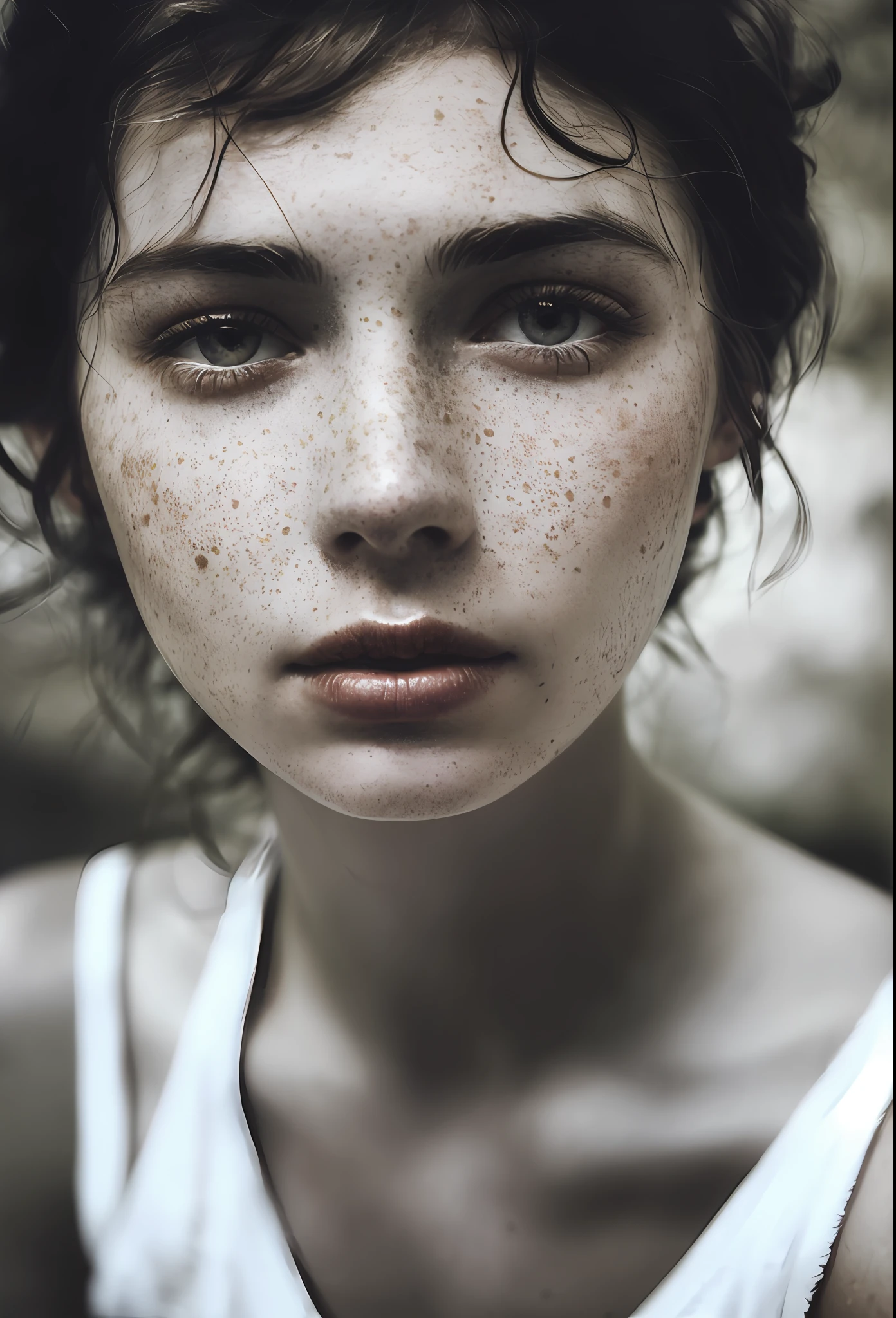 Portrait of a woman with freckles on her face and a white tank top, white freckles, freckles face, pale freckled skin, freckles, alessio albi, elegant freckles, soft freckles, with freckles, freckles, close-up close-up portrait close-up, light freckles, freckles, sparse freckles