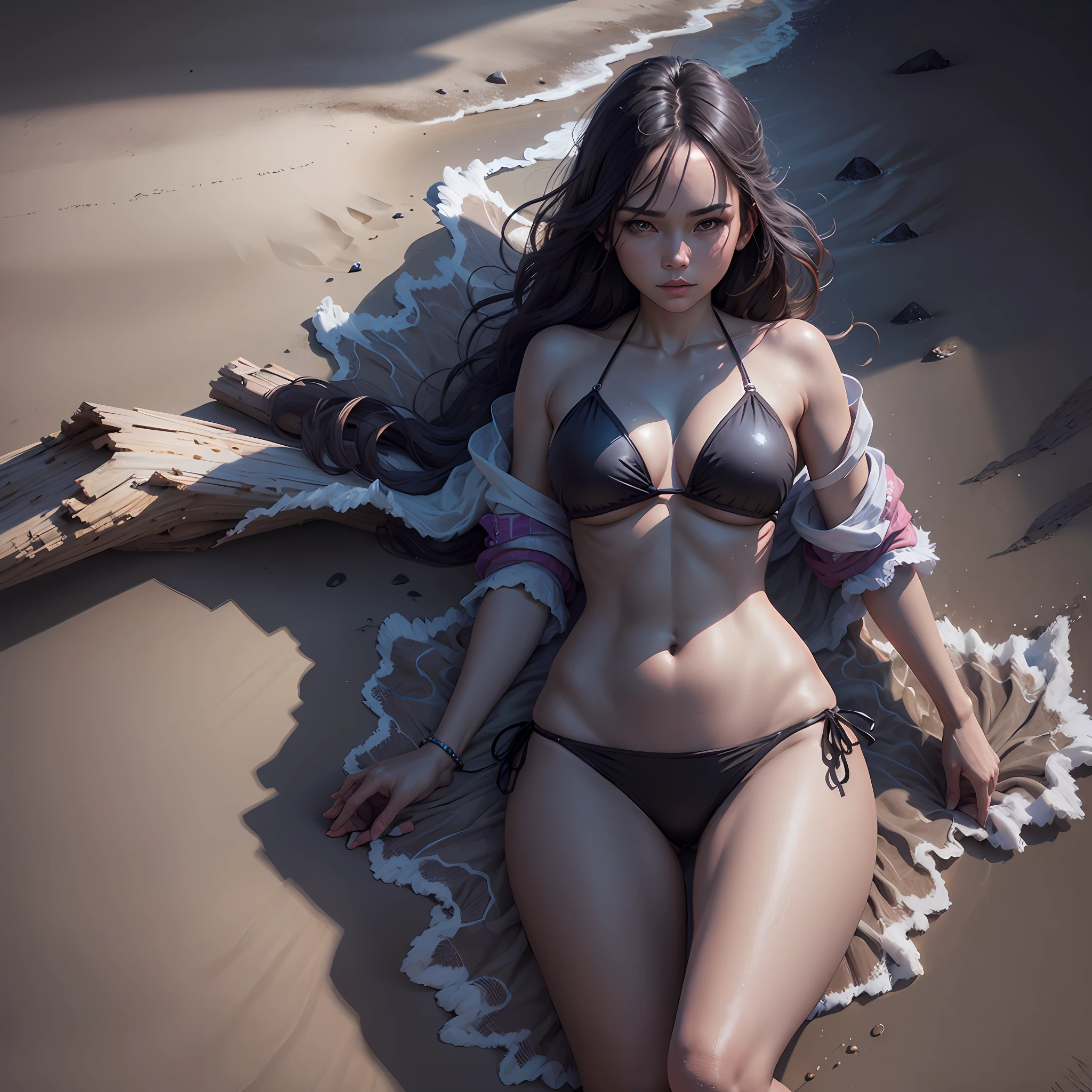(prompt): (s1: extremely high quality, masterpiece) A woman wearing a bikini standing on the beach. The shadows are sharply defined and the tones change gently.