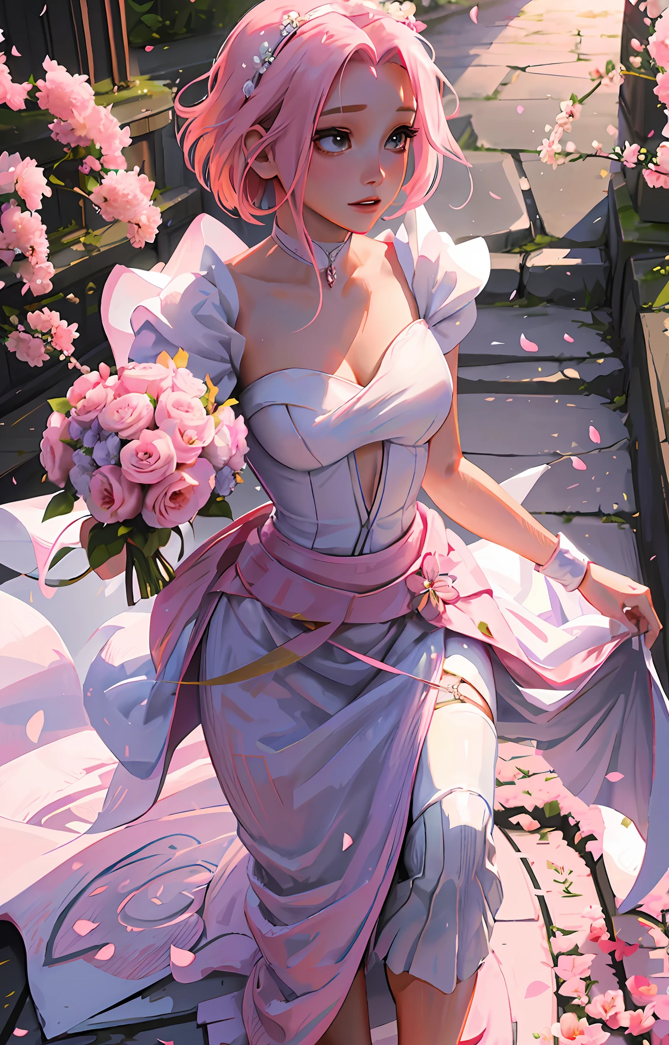Sakura haruno, ((solo)), alone, bride, wearing a white wedding dress, queen, happy, ((forehead to show)), standing, entering the church, pink hair, short hair, delicate, young, short hair, detailed face, high definition, ((full body)), (flowers around her), full body, she is a beautiful woman getting married, face with high quality, beautiful, radiant