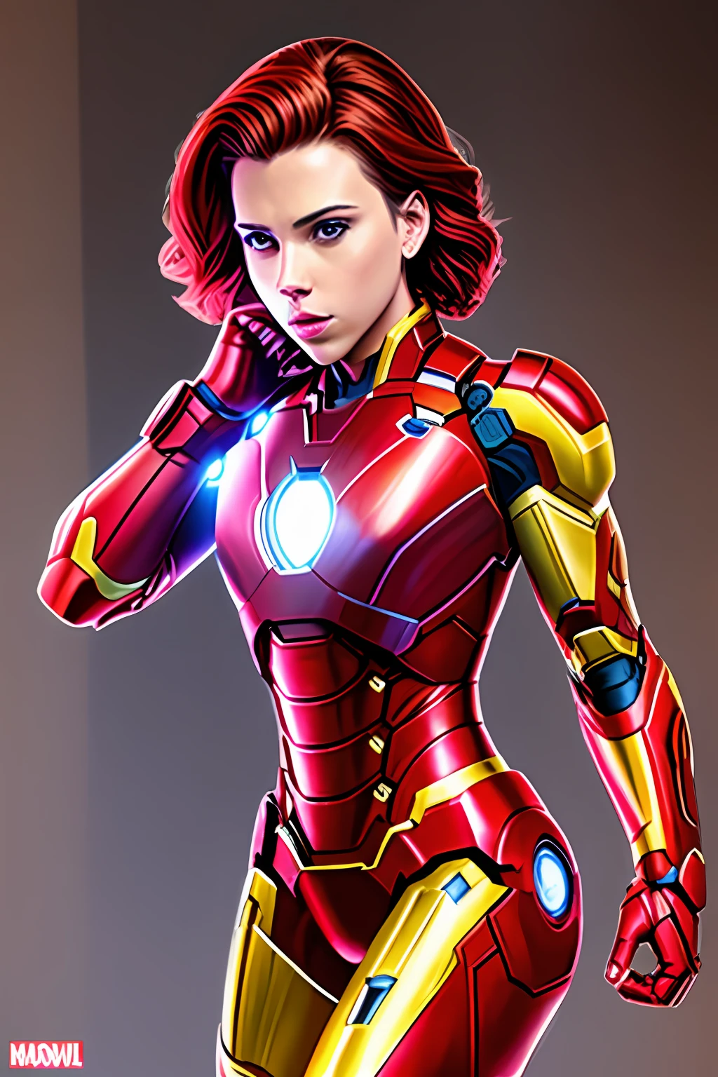 Scarlett Johansson with Iron Man outfit, best lighting, cinematic, best shadow,HD